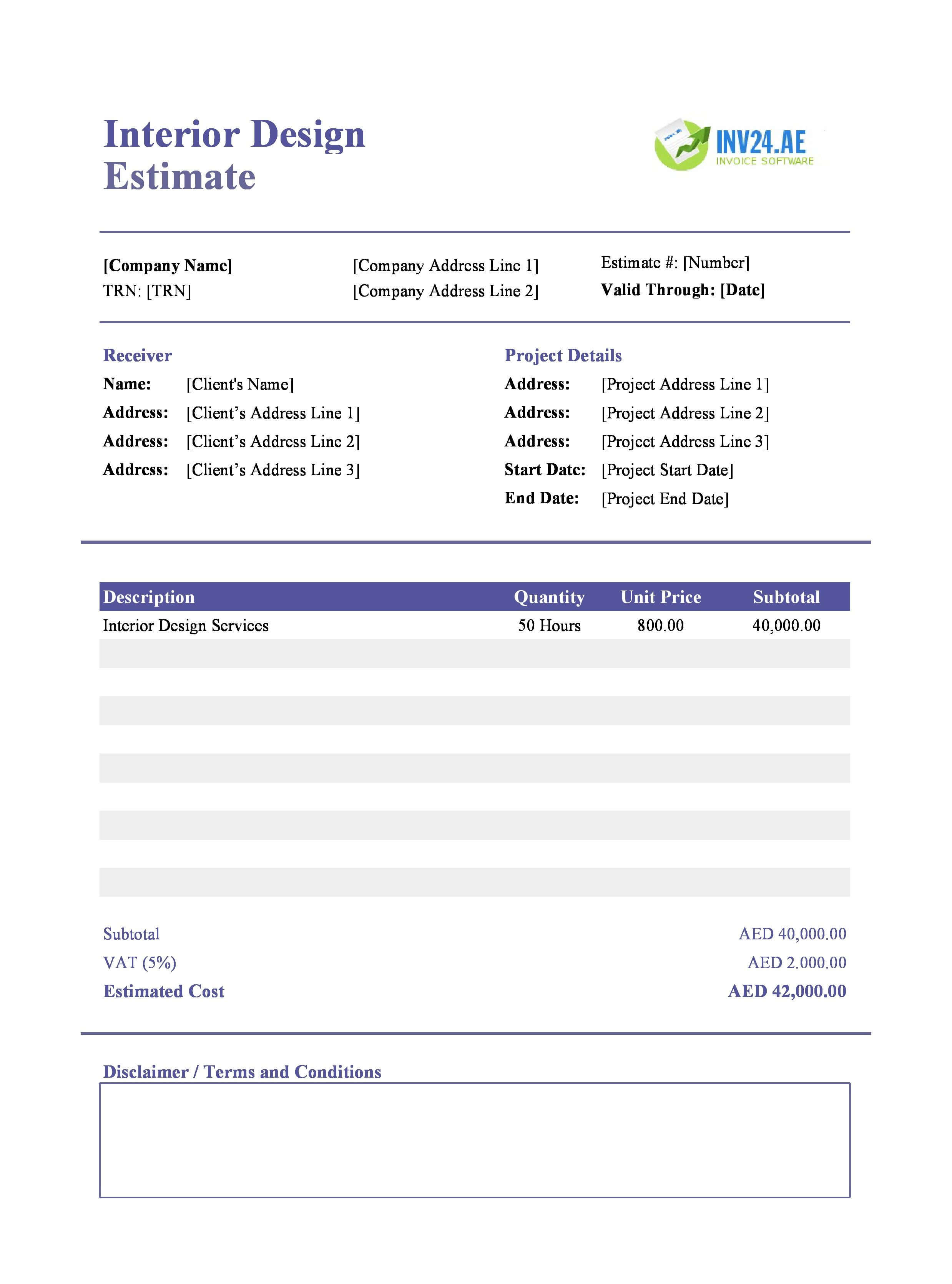 Interior Design Estimate Template for UAE (Excel / Google Sheets)