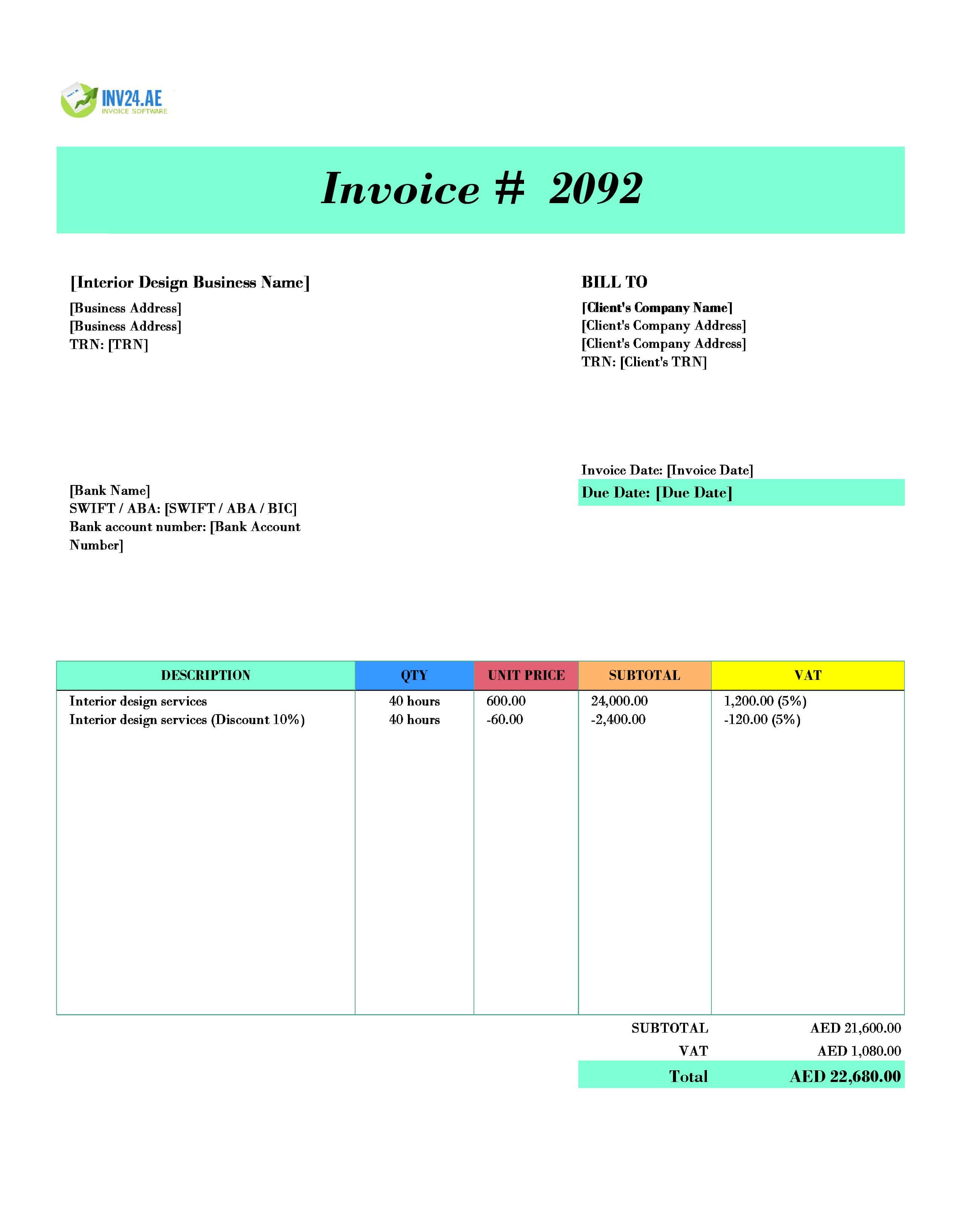 Interior Design Invoice Template for UAE (Excel / Google Sheets)