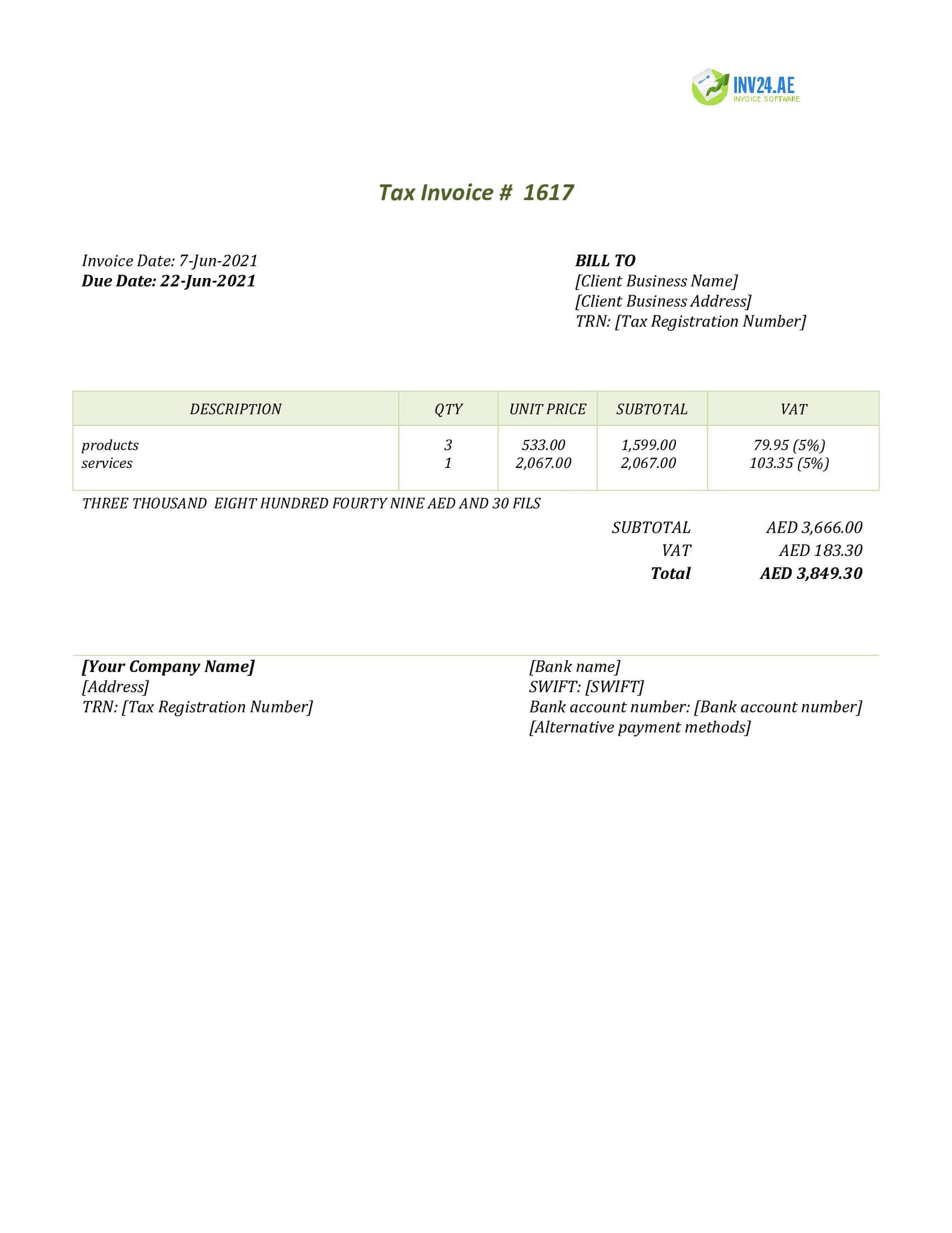 invoice template doc uae