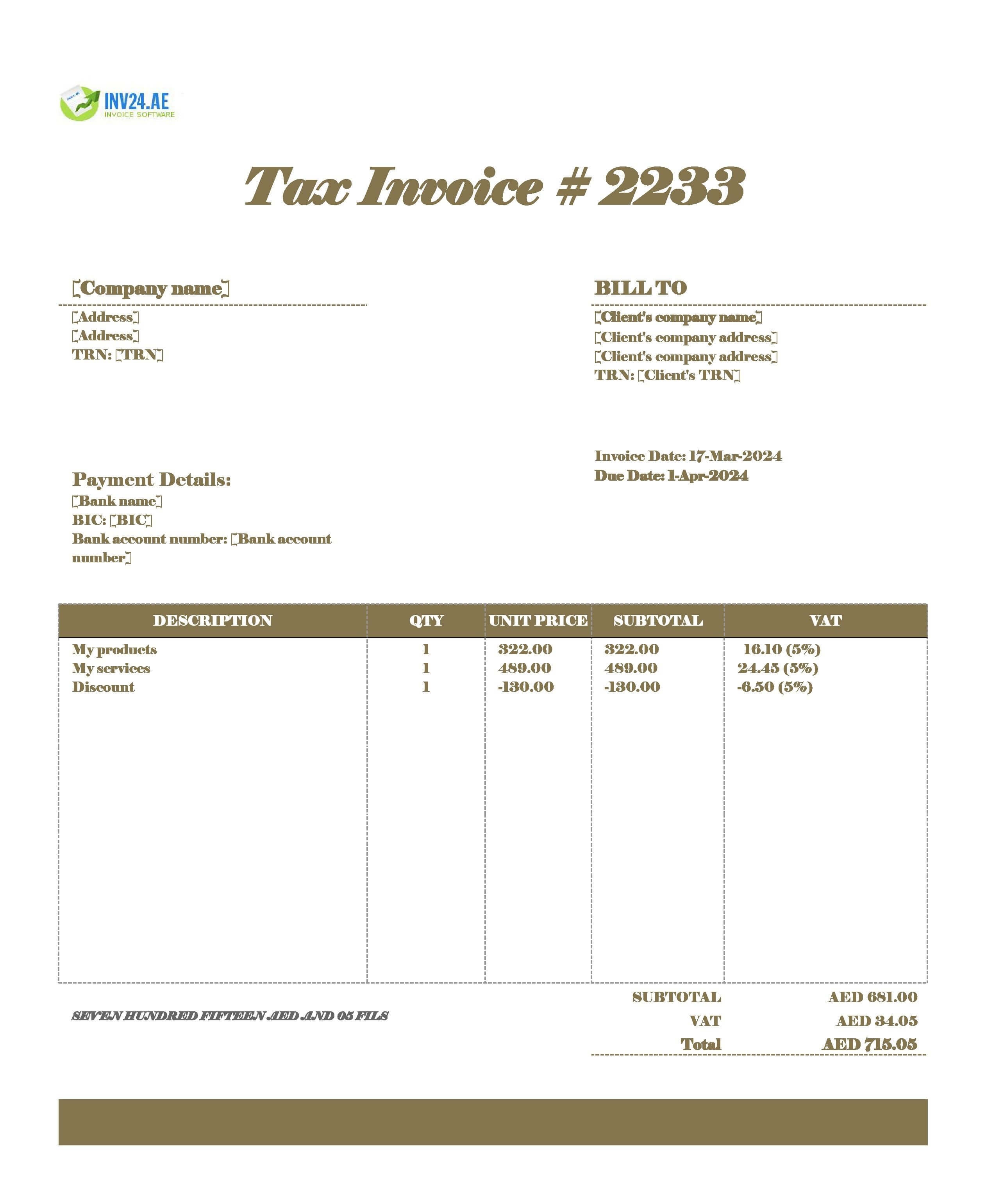 invoice template with bank details UAE