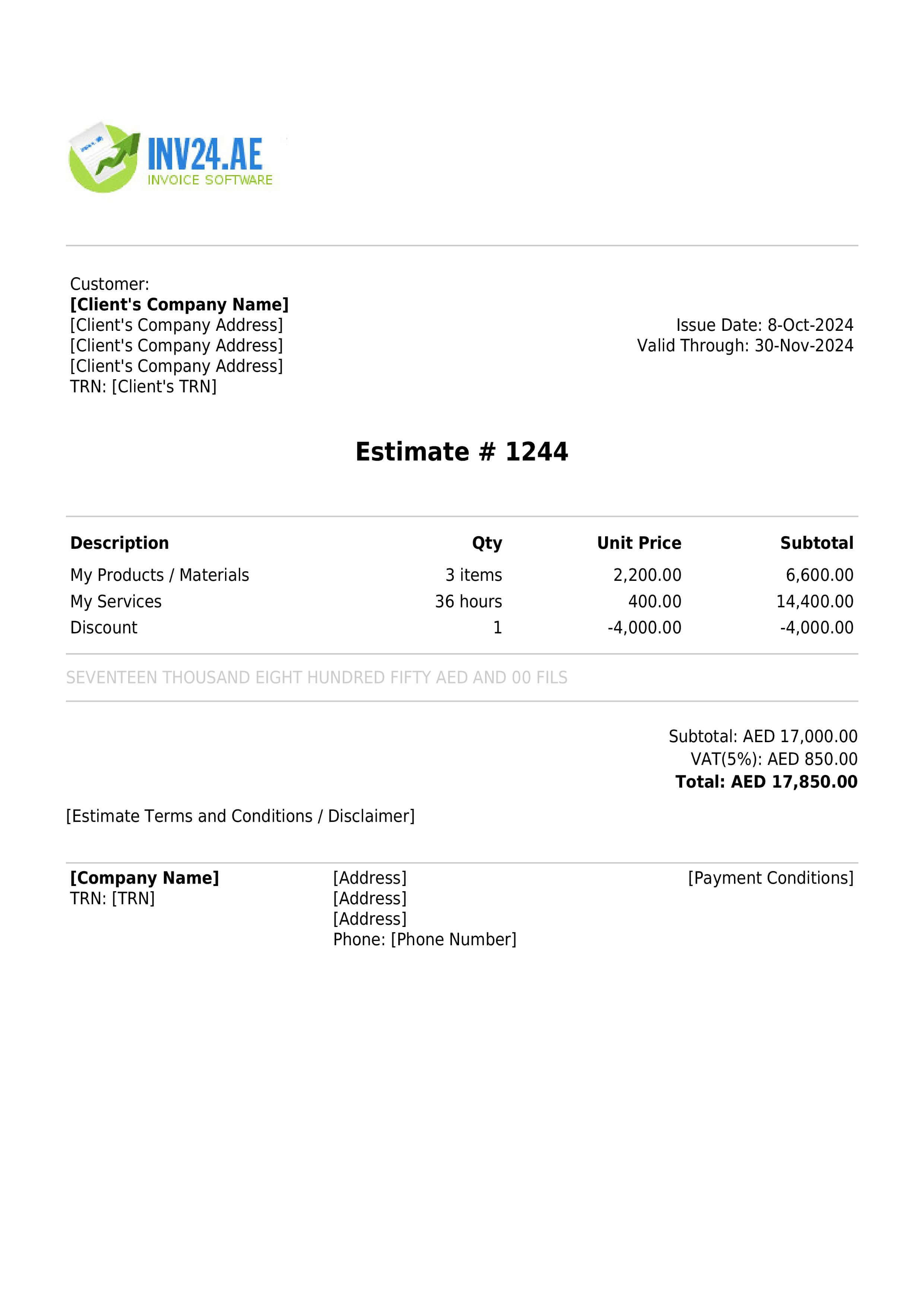 job estimate template uae