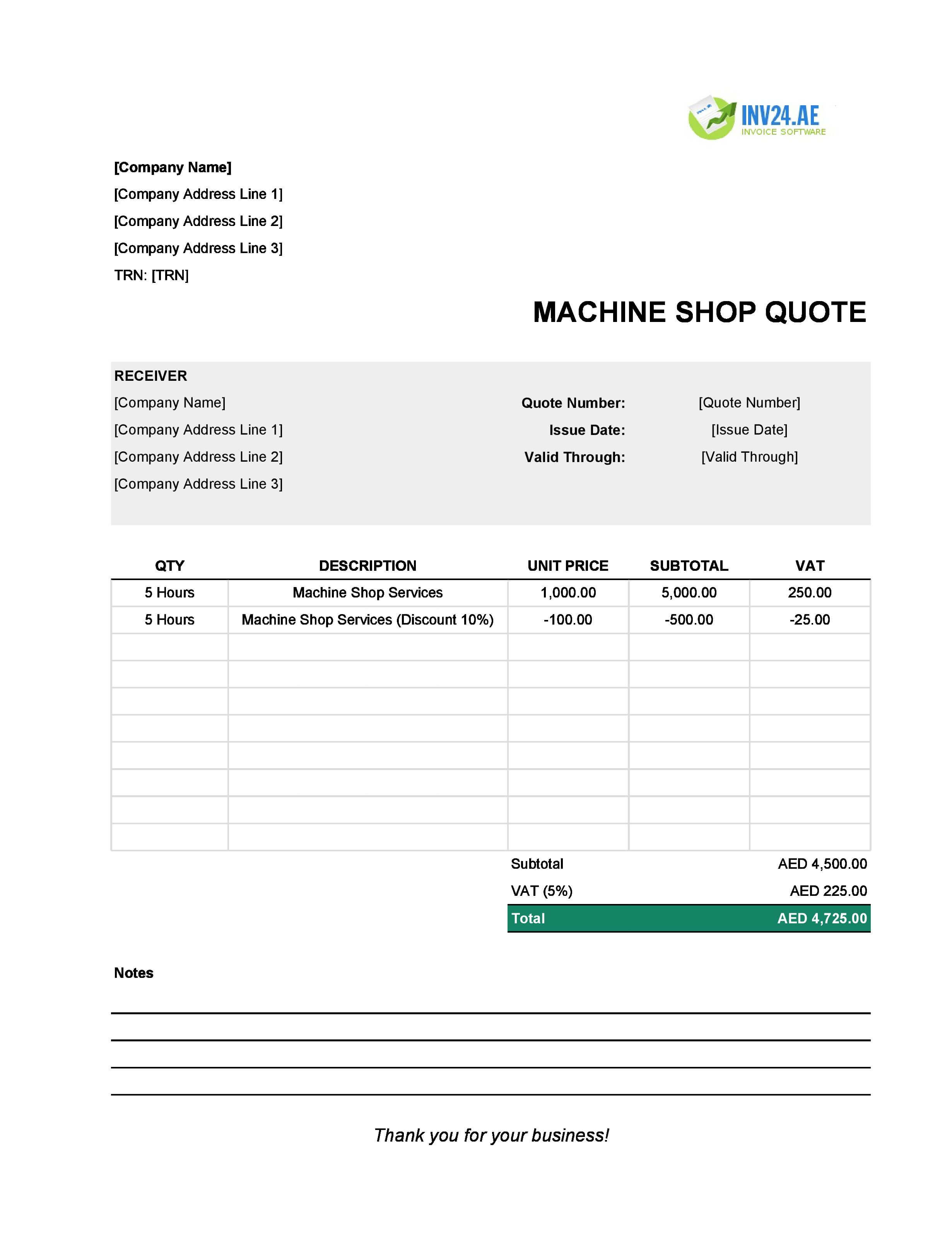 Machine Shop Quote Template for UAE (Excel / Google Sheets)