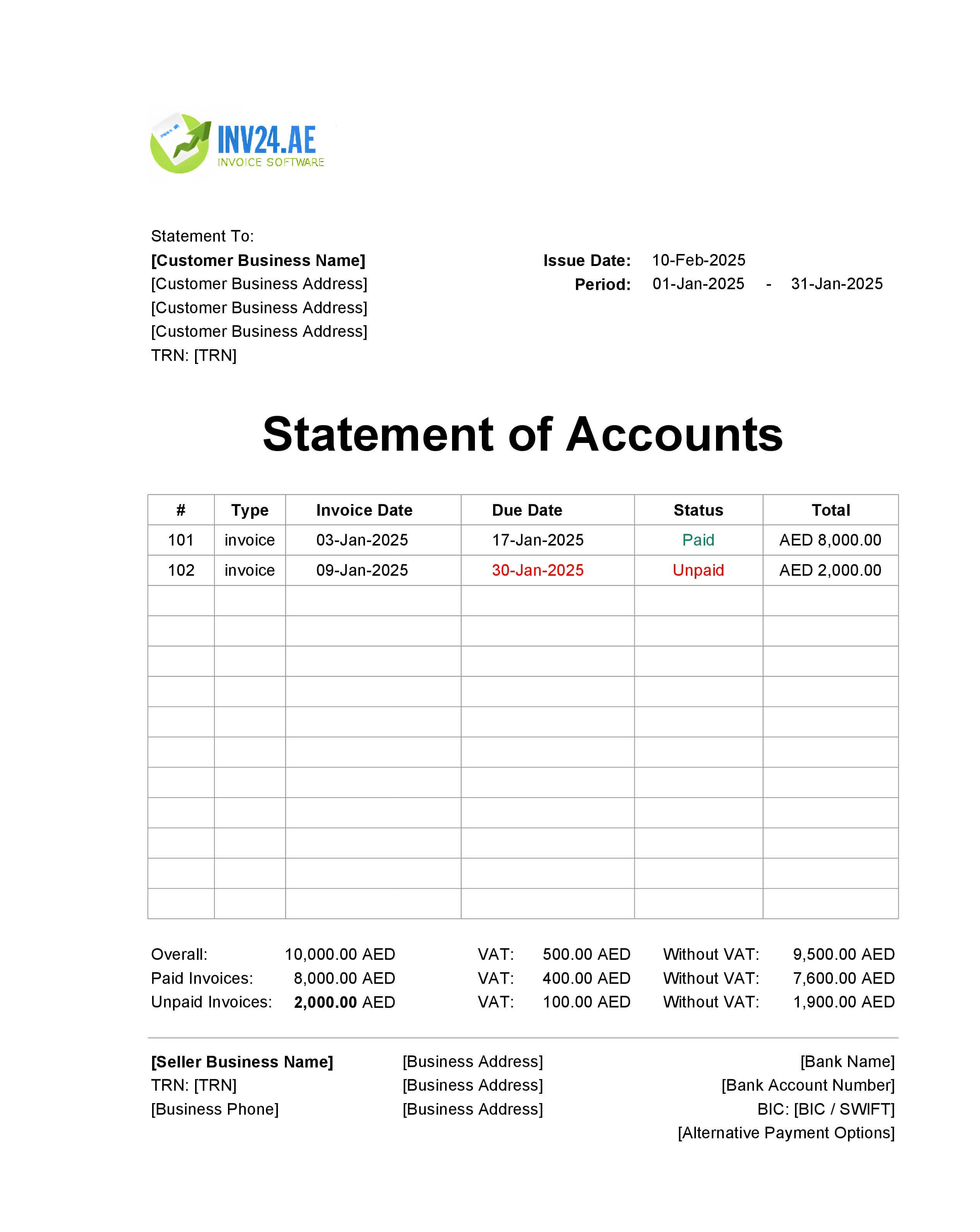Monthly Statement of Accounts Template UAE (Excel / Google Sheets)