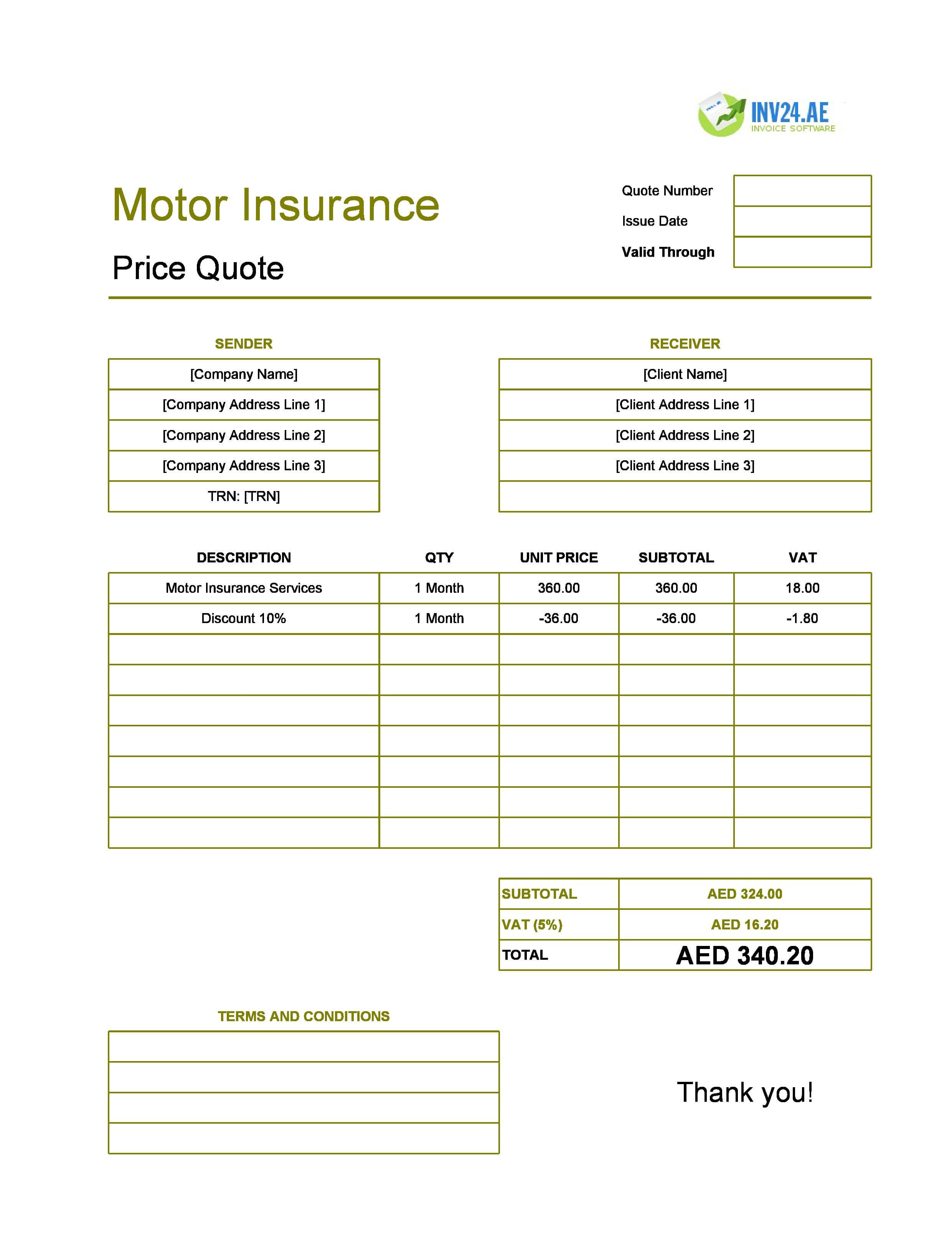 Motor Insurance Quote Template for UAE (Excel / Google Sheets)