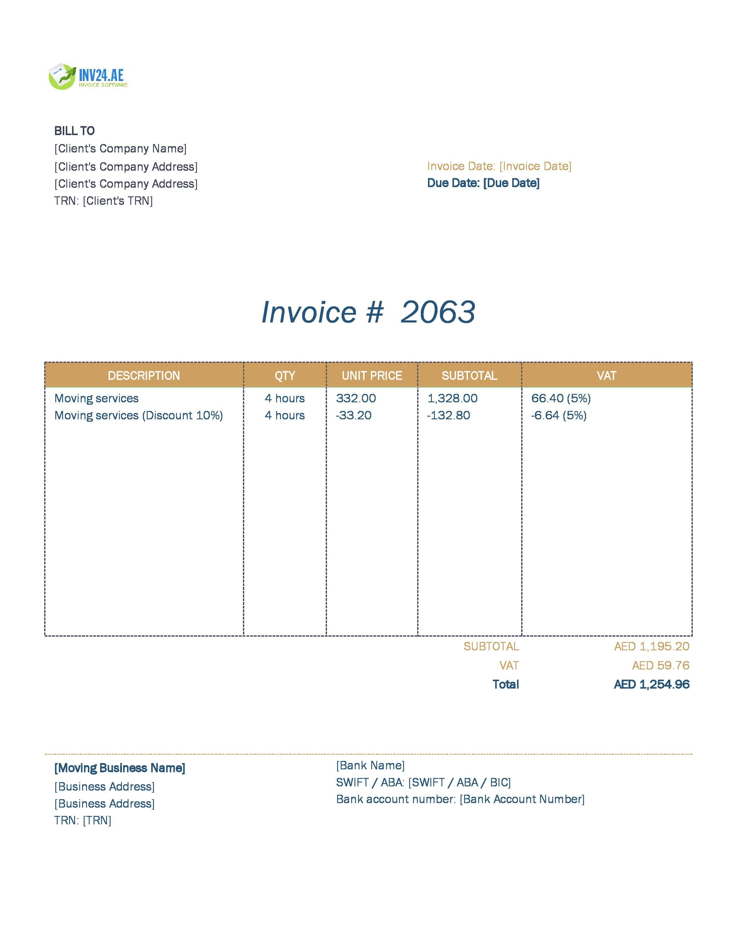 Moving Invoice Template for UAE (Excel / Google Sheets)