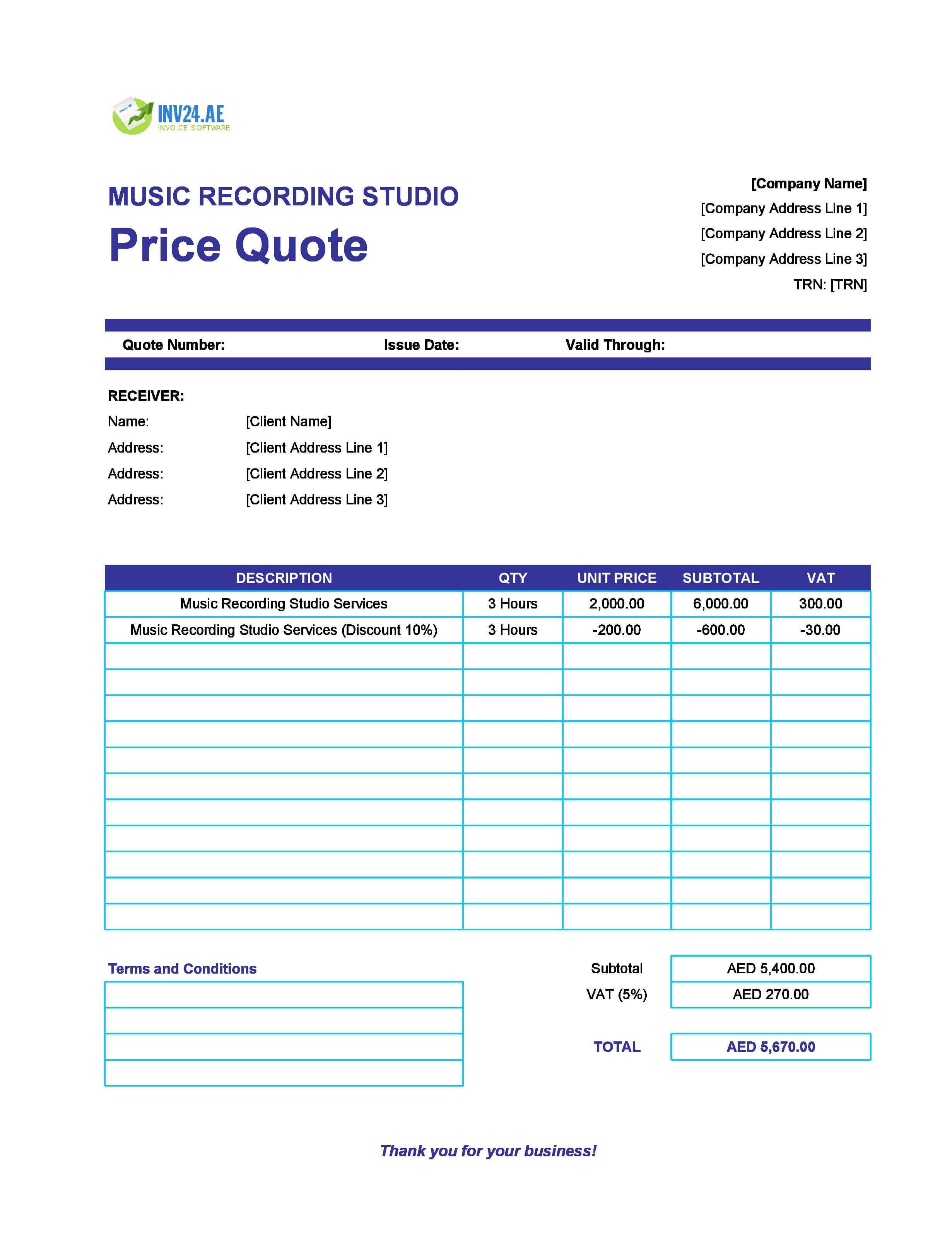 Music Recording Studio Quote Template for UAE (Excel / Google Sheets)