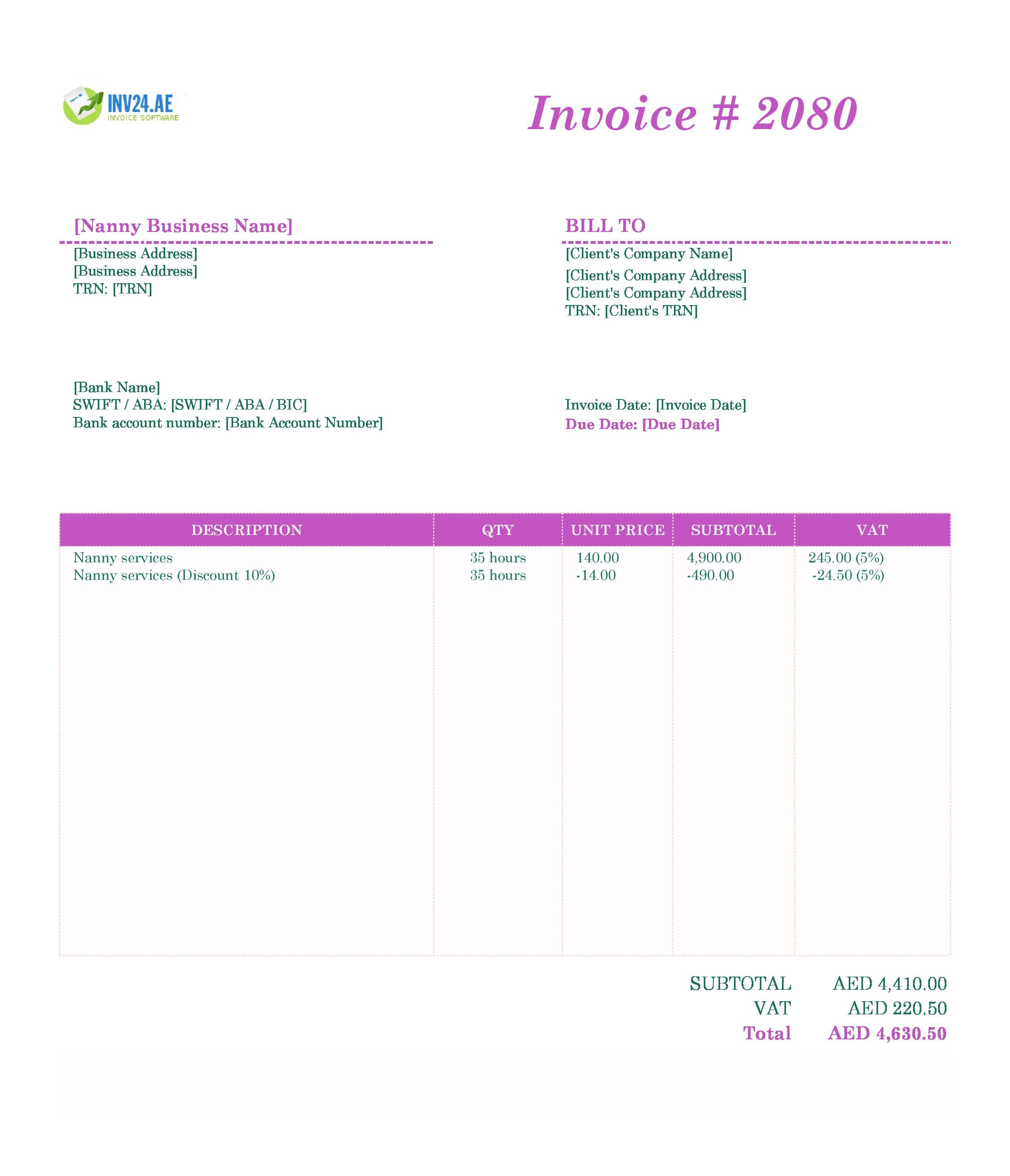 Nanny Invoice Template for UAE (Excel / Google Sheets)
