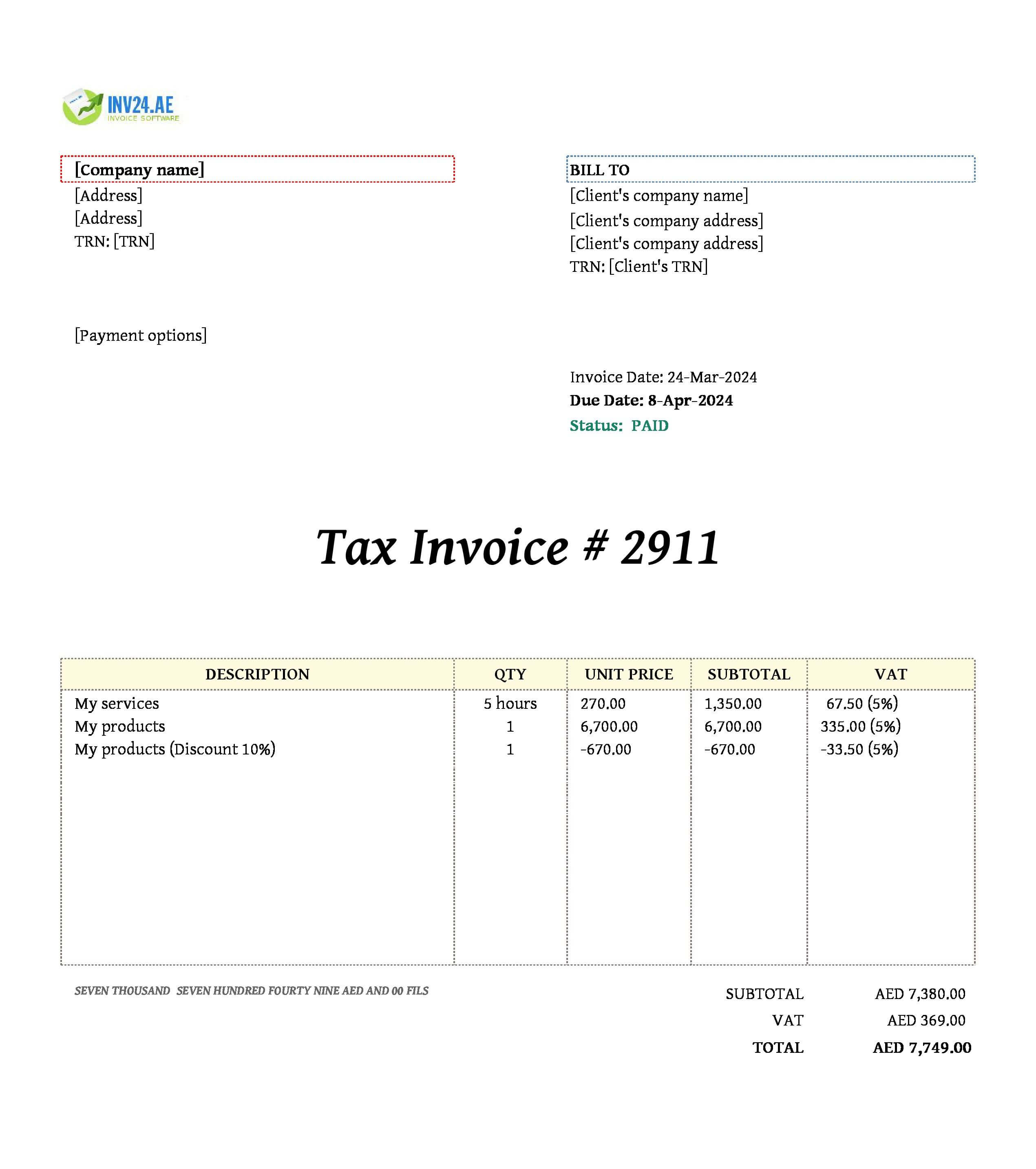 paid invoice template UAE