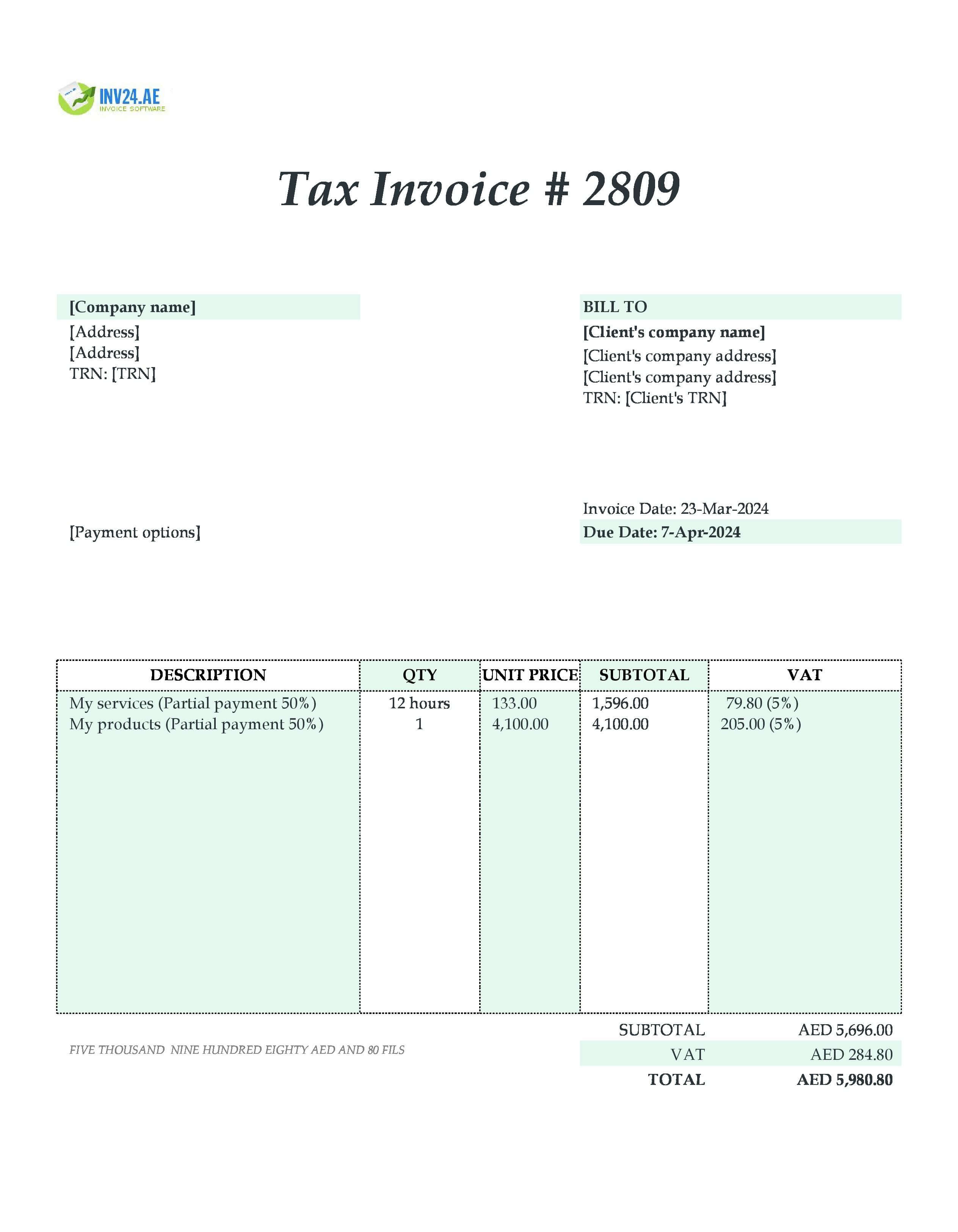 partial payment invoice sample