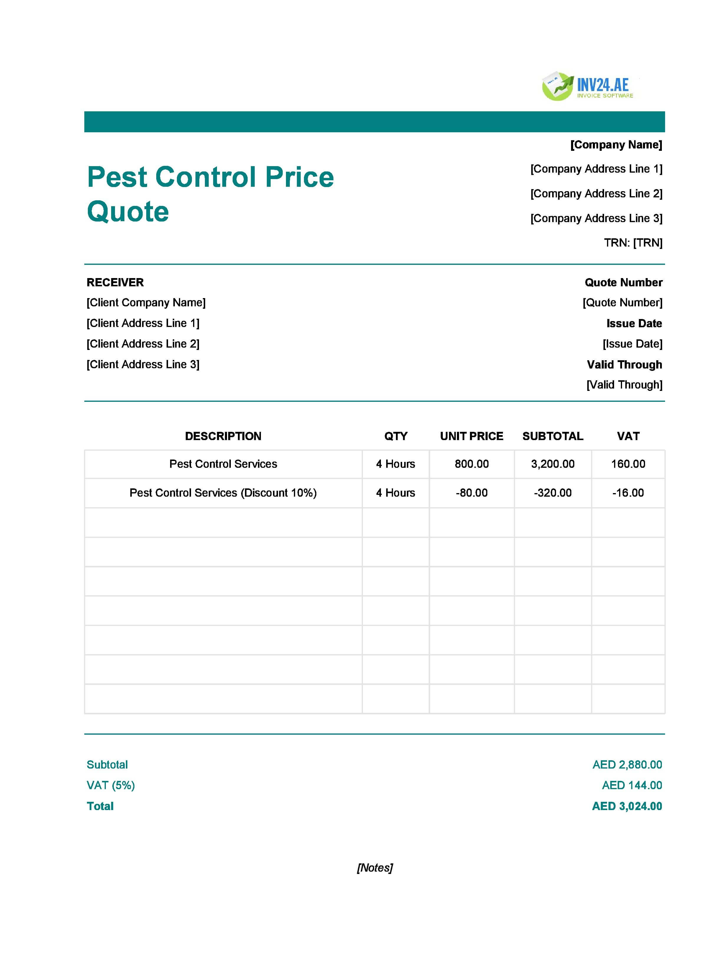 Pest Control Quote Template for UAE (Excel / Google Sheets)
