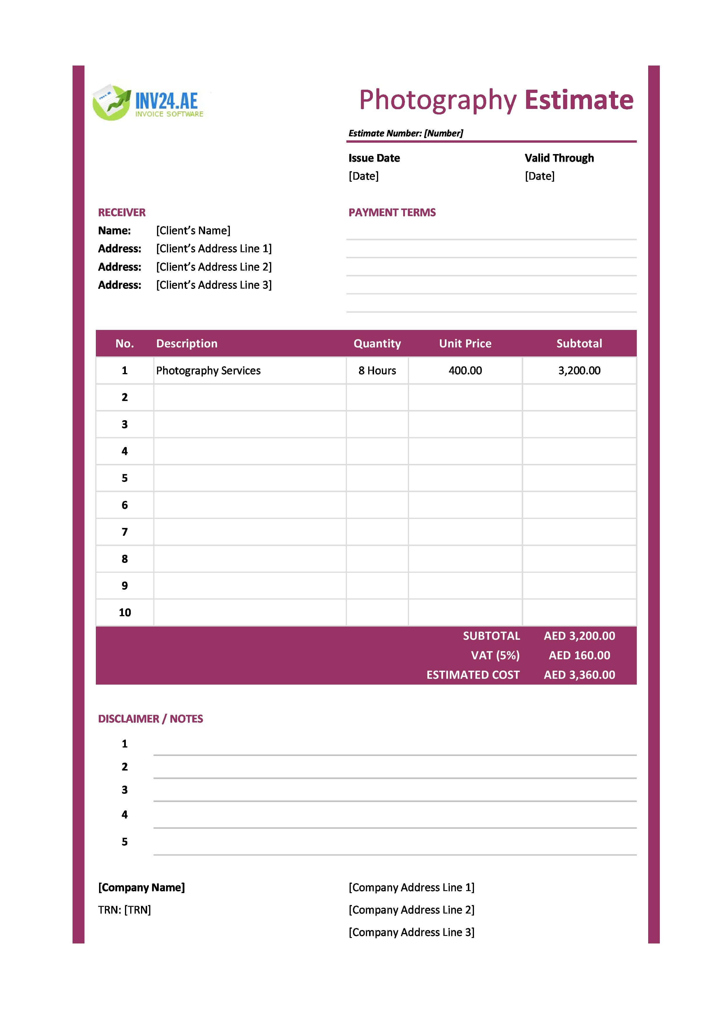 Photography Estimate Template for UAE (Excel / Google Sheets)