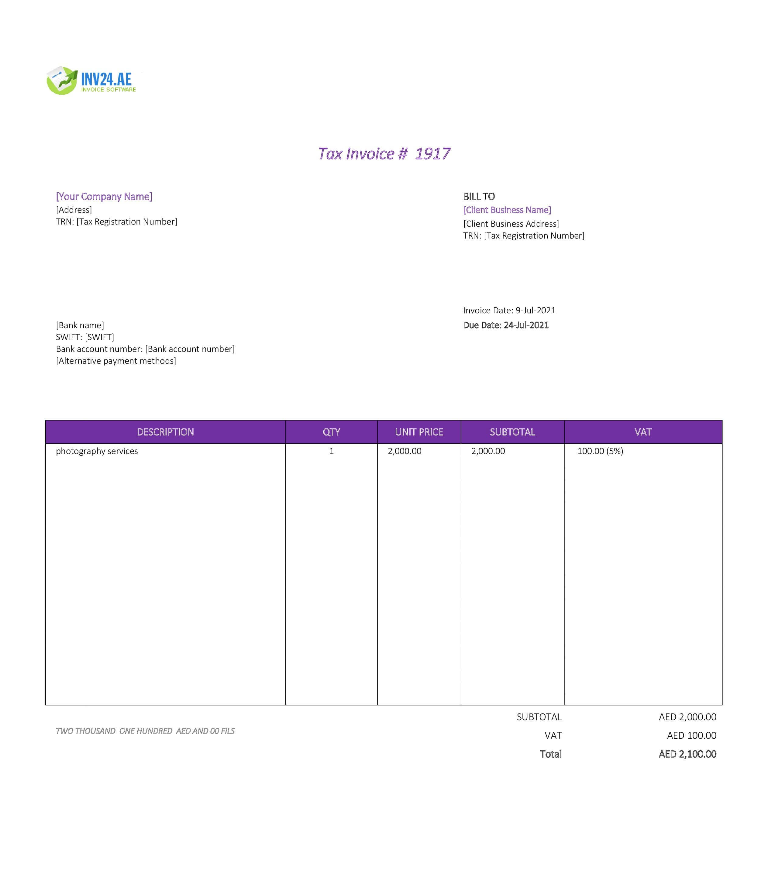 photography invoice template uae