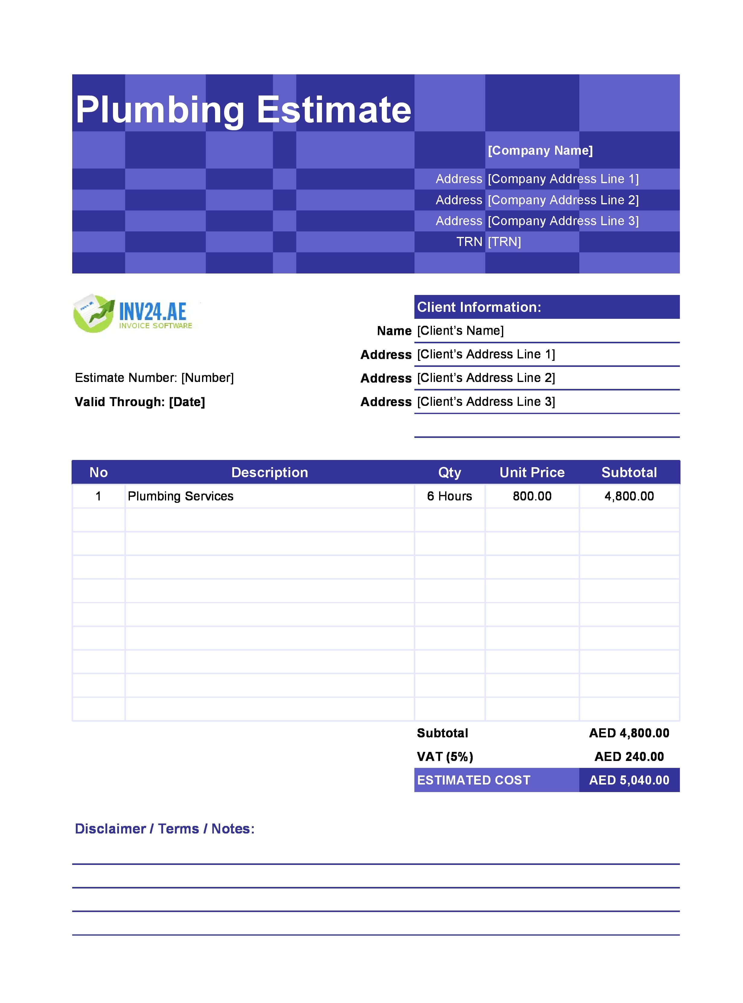 Plumbing Estimate Template for UAE (Excel / Google Sheets)