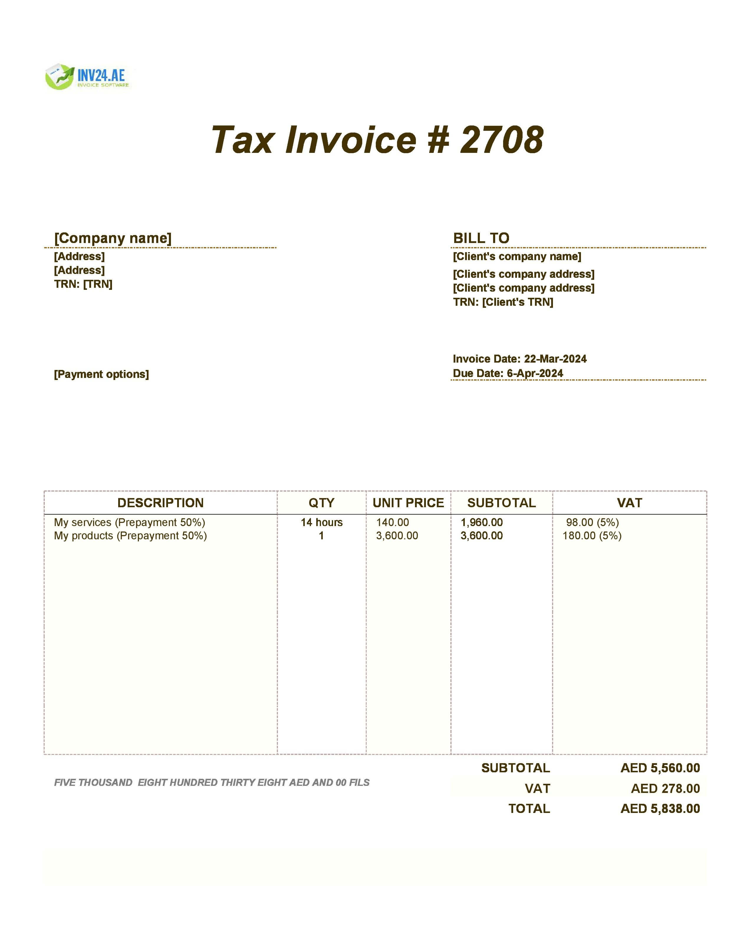 prepayment invoice template UAE