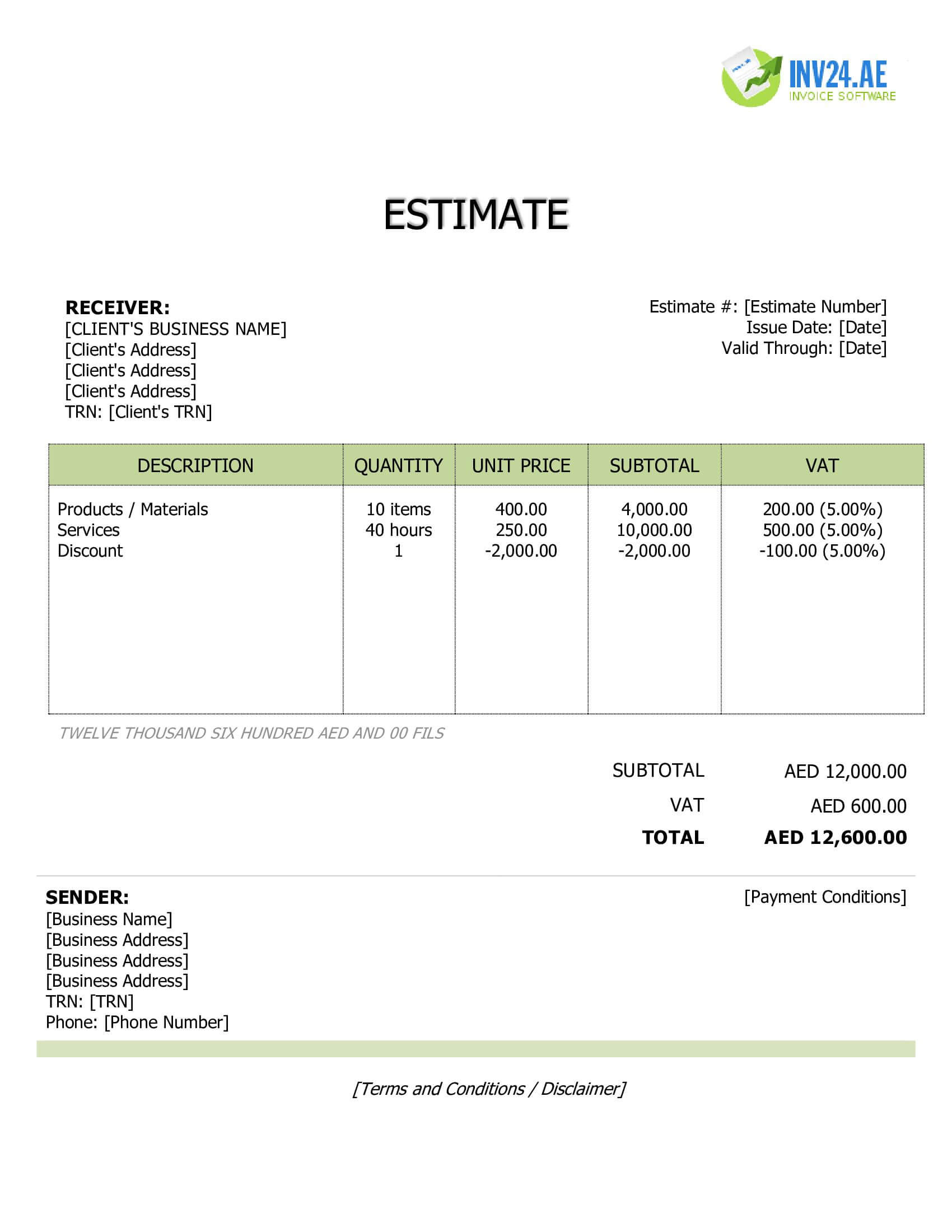 Price Estimate Template for UAE (Word / Google Docs)