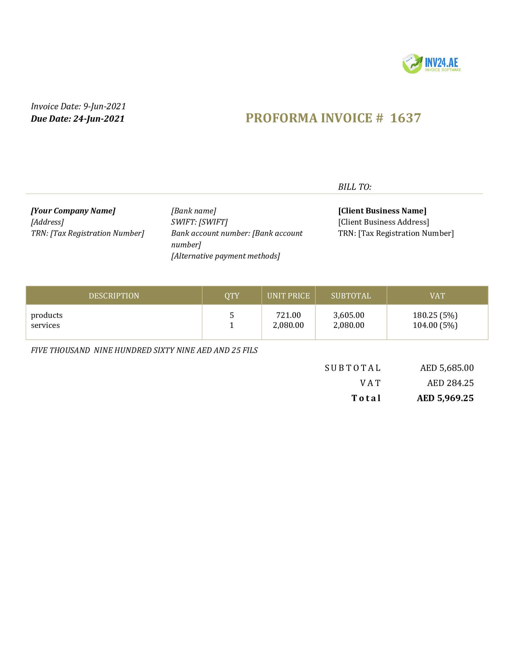proforma invoice template sample uae