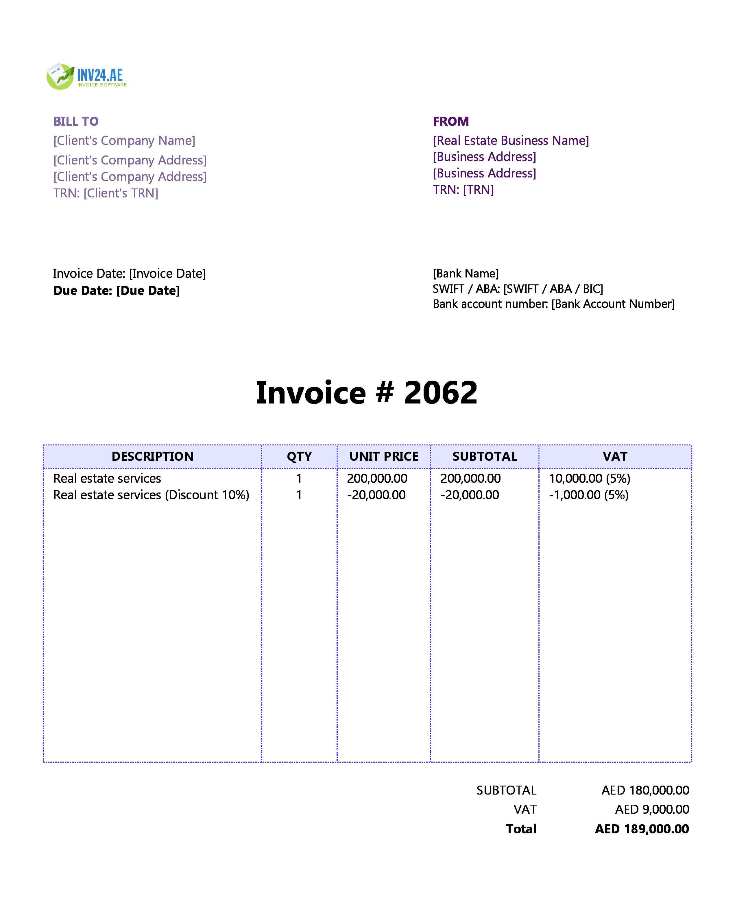 Real Estate Invoice Template for UAE (Excel / Google Sheets)