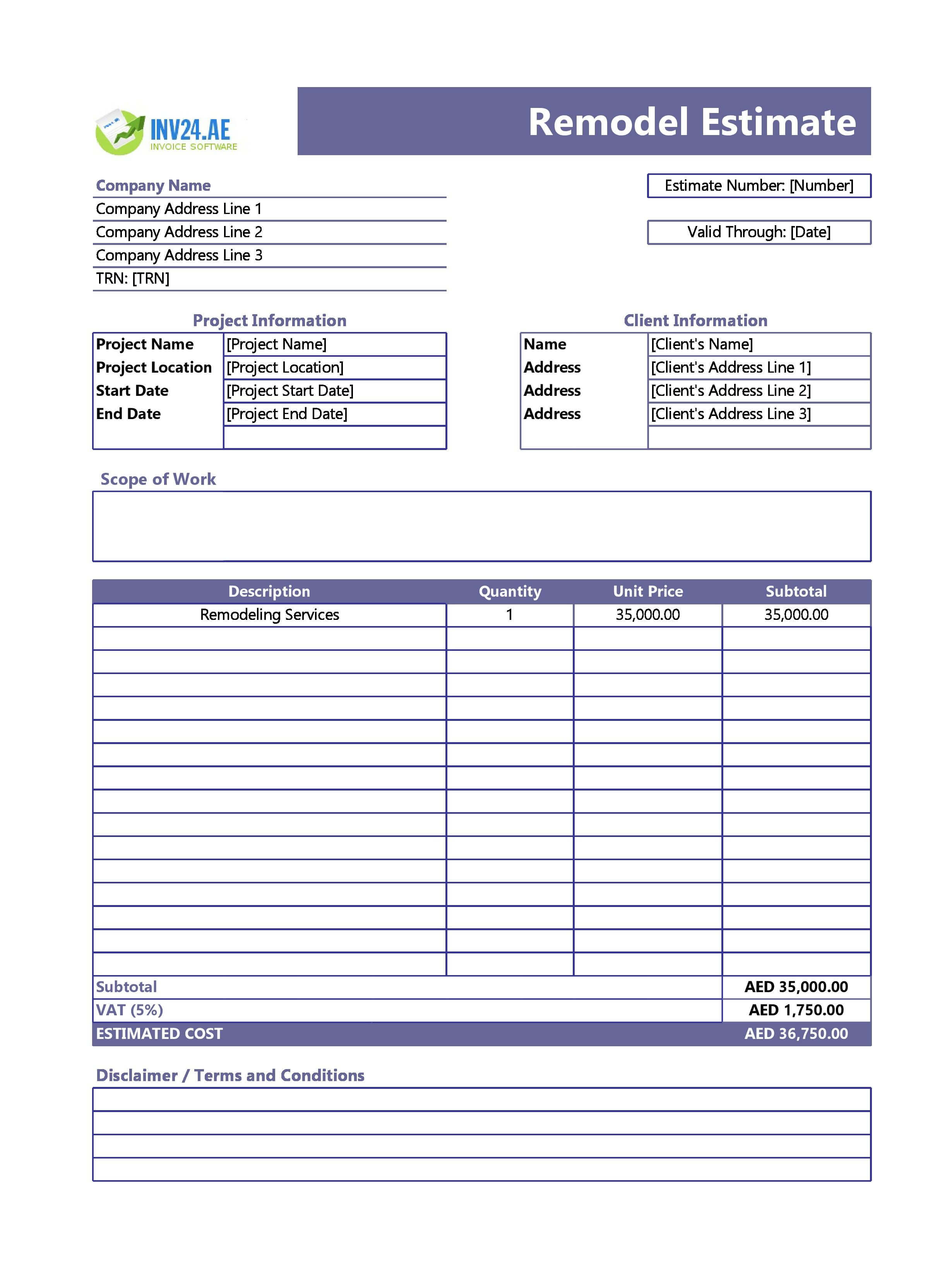 Remodel Estimate Template for UAE (Excel / Google Sheets)