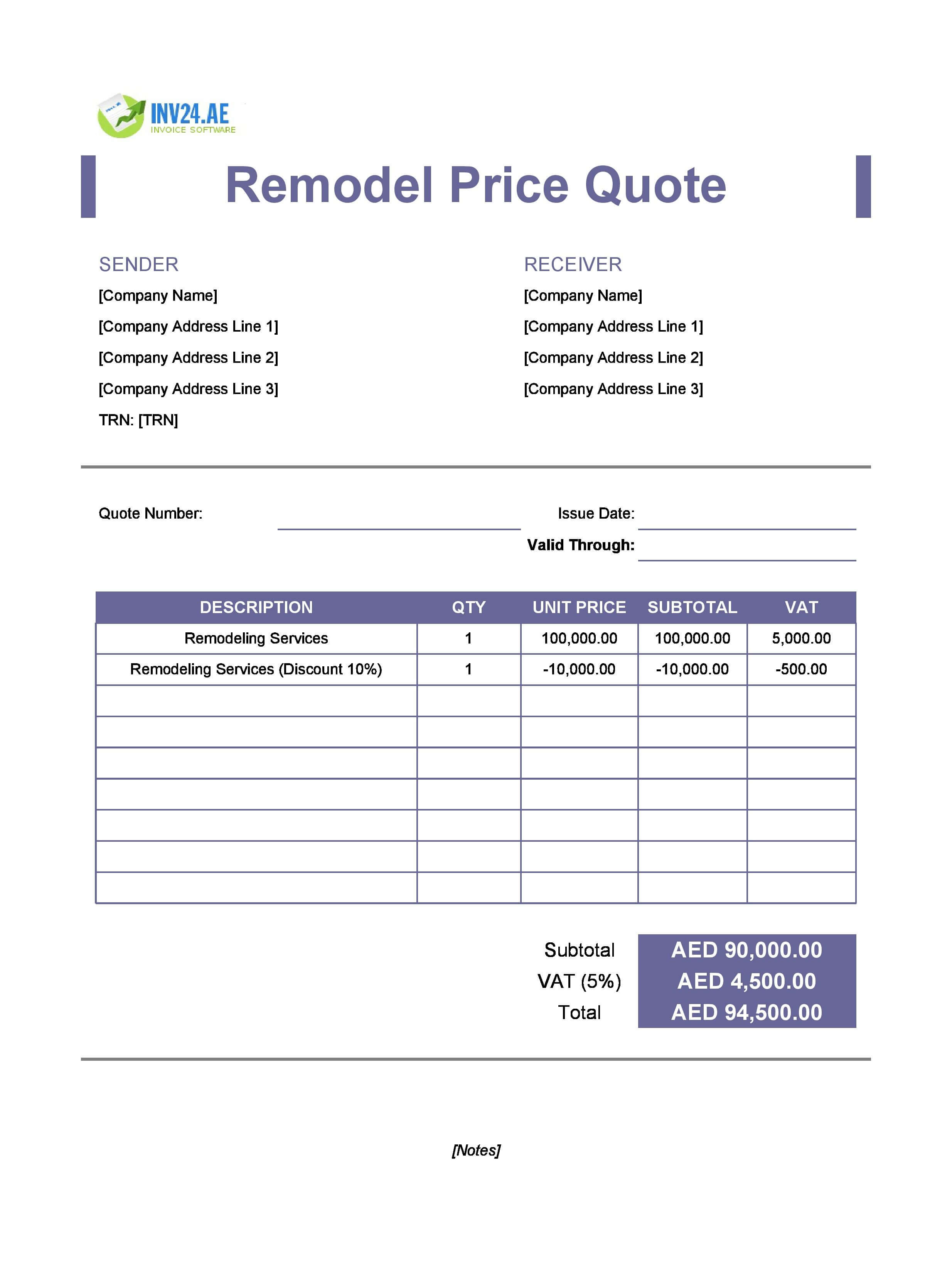 Remodeling Quote Template for UAE (Excel / Google Sheets)