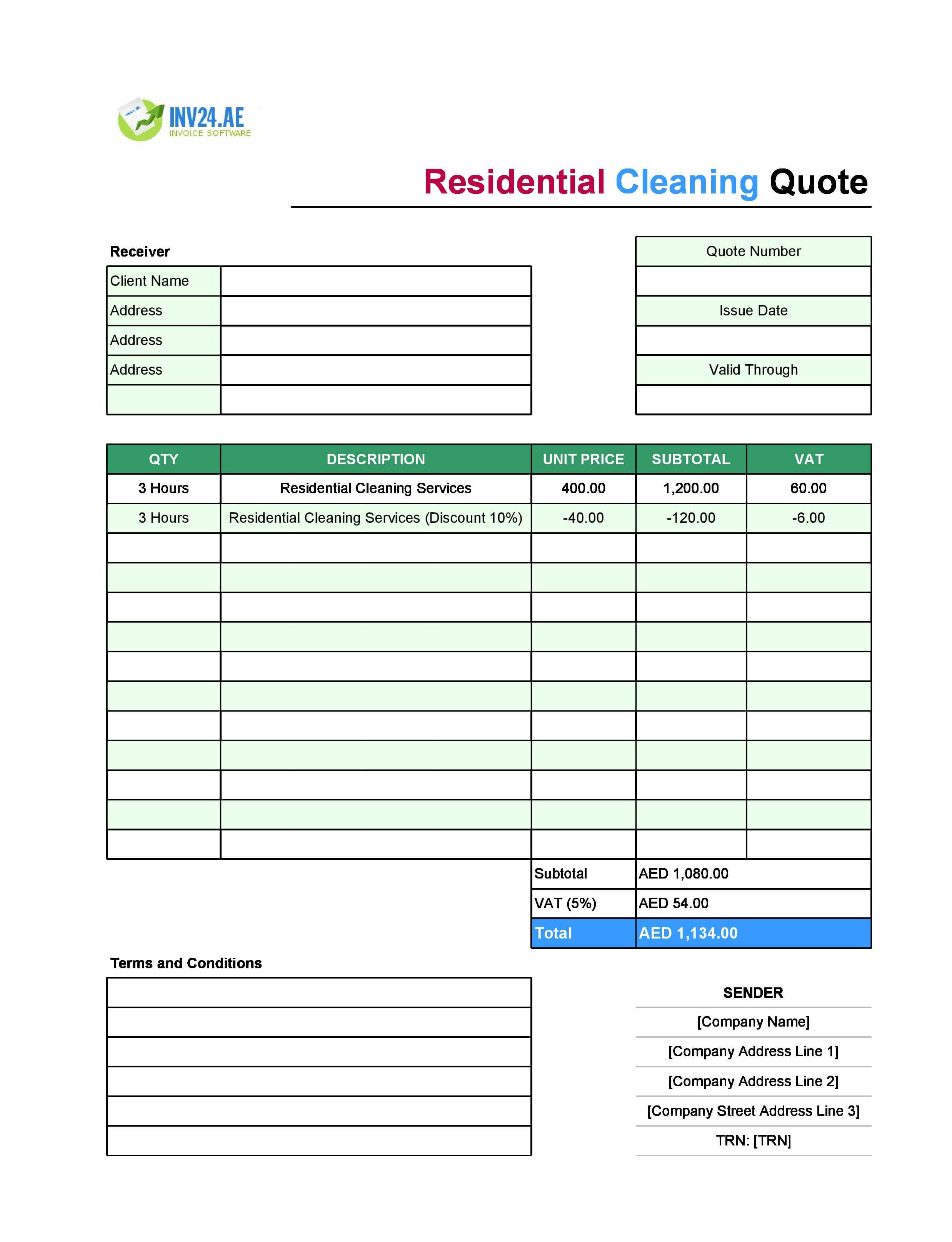 Residential Cleaning Quote Template for UAE (Excel / Google Sheets)