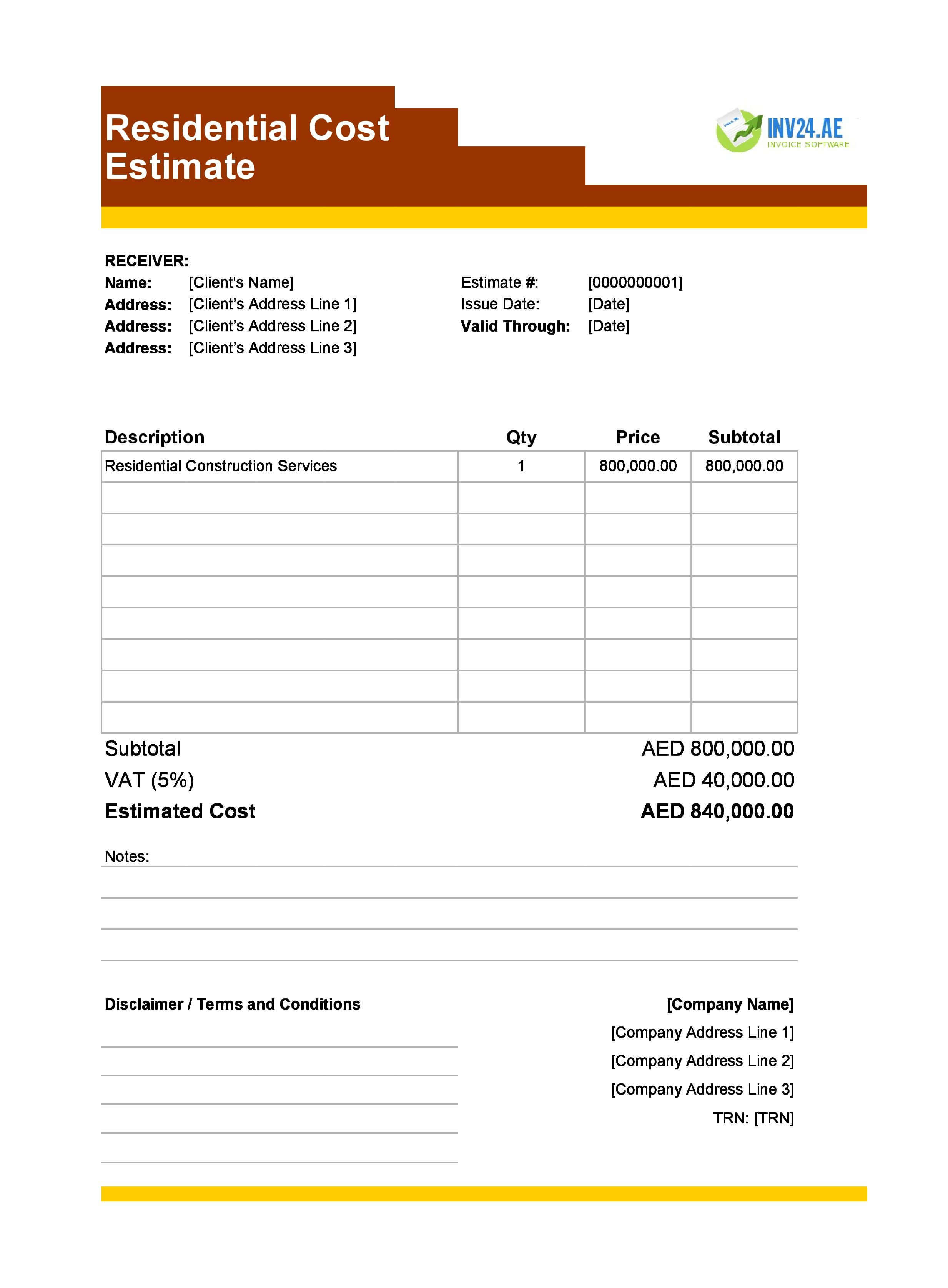Residential Cost Estimate Template for UAE (Excel / Google Sheets)