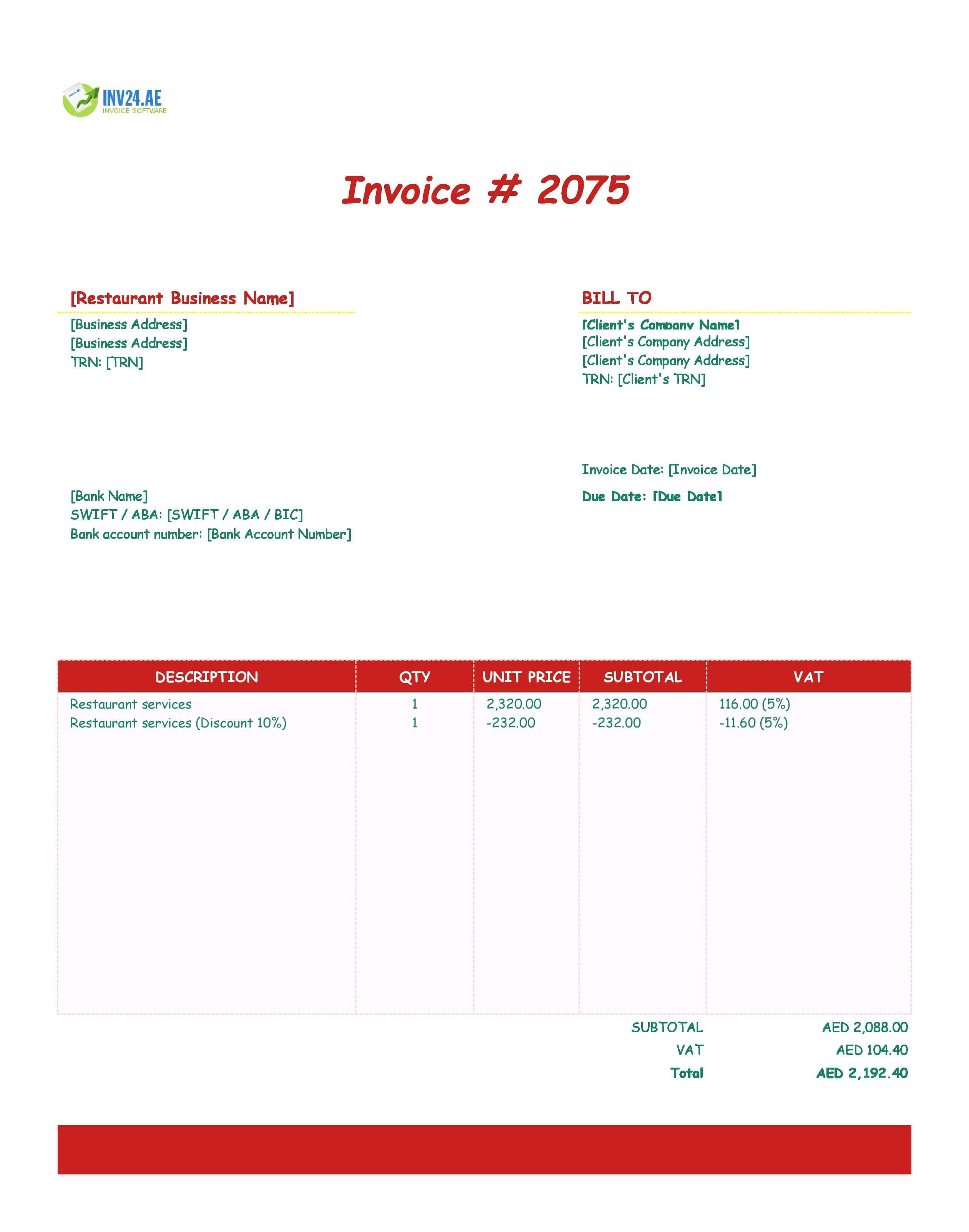 Restaurant Invoice Template for UAE (Excel / Google Sheets)