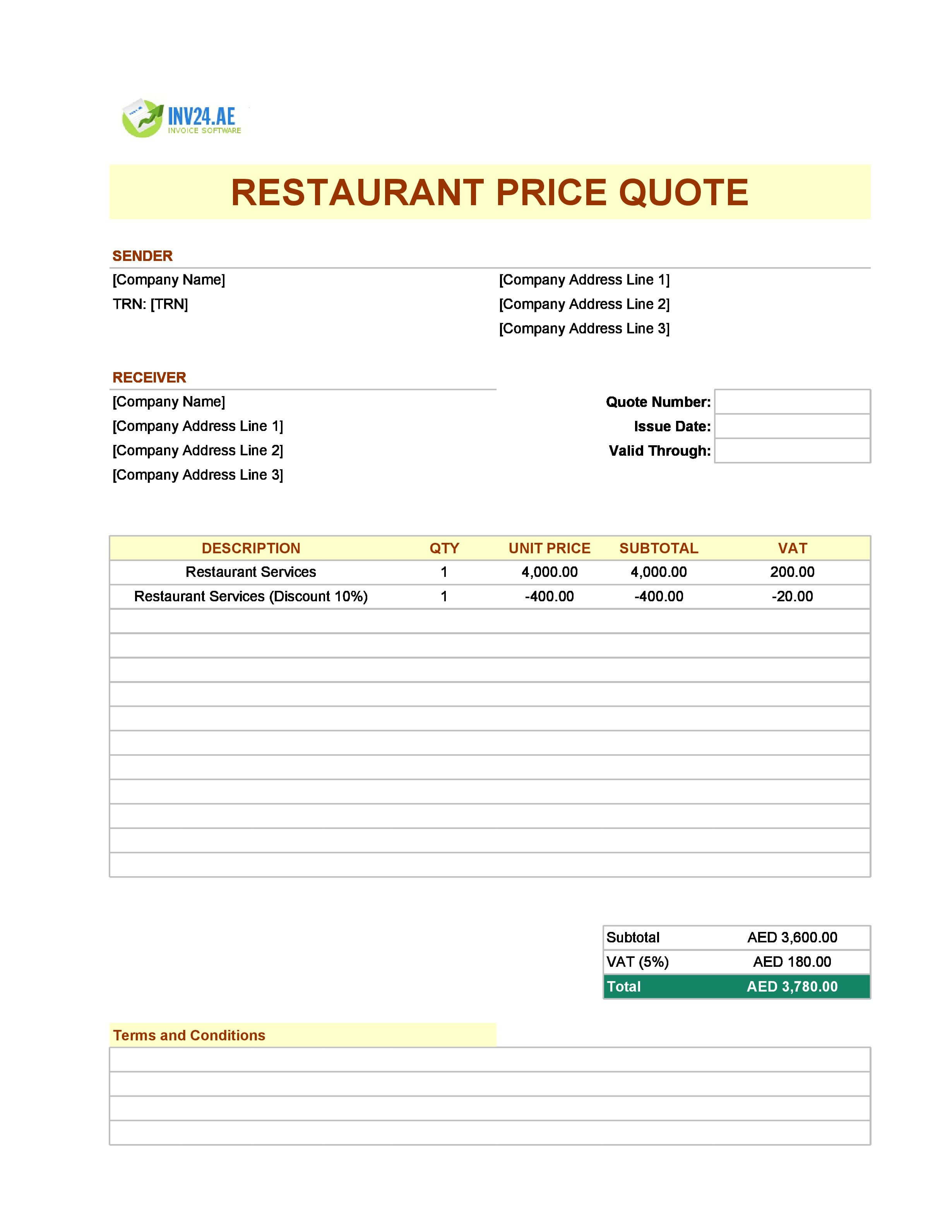 Restaurant Quote Template for UAE (Excel / Google Sheets)