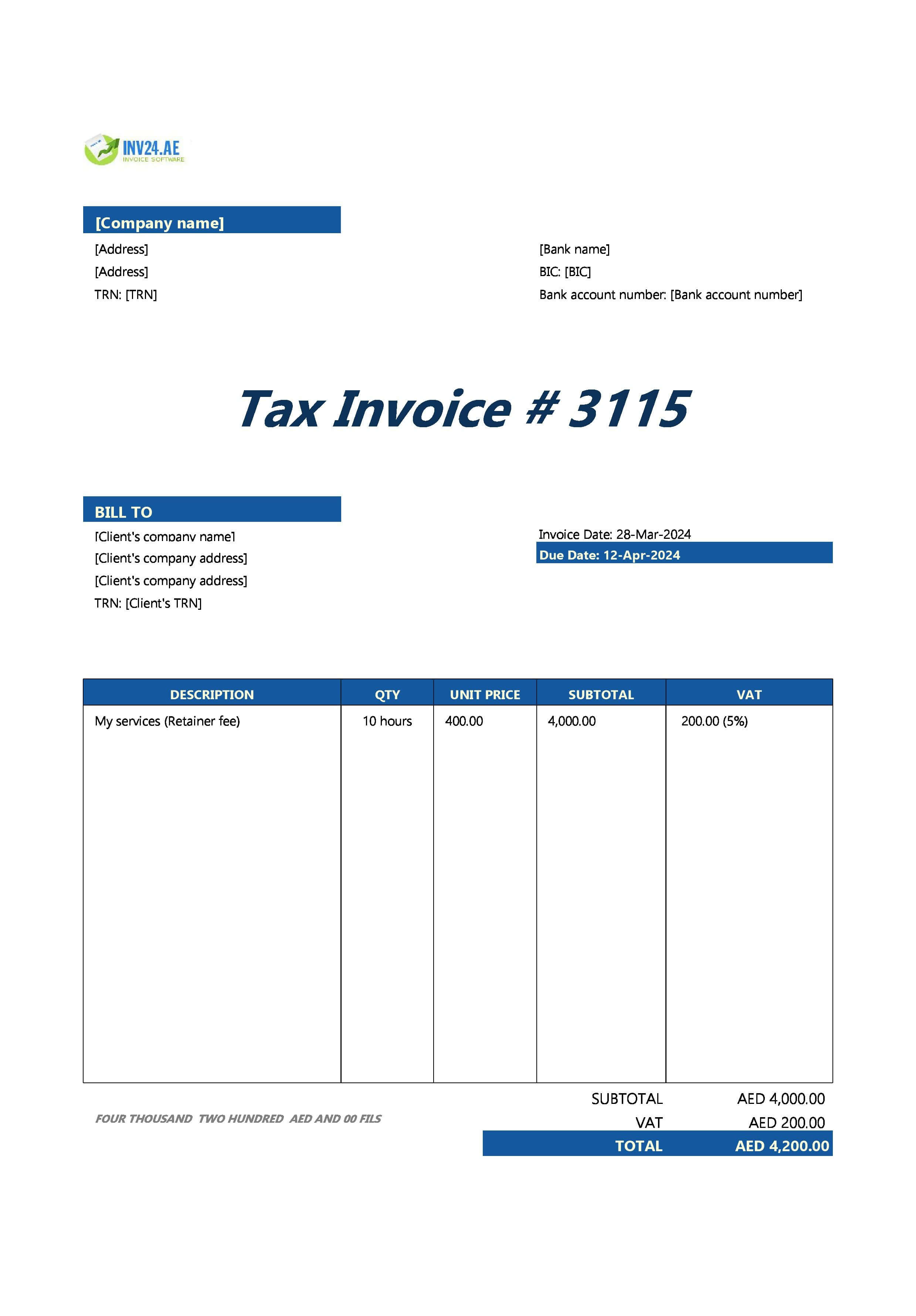 retainer invoice template UAE