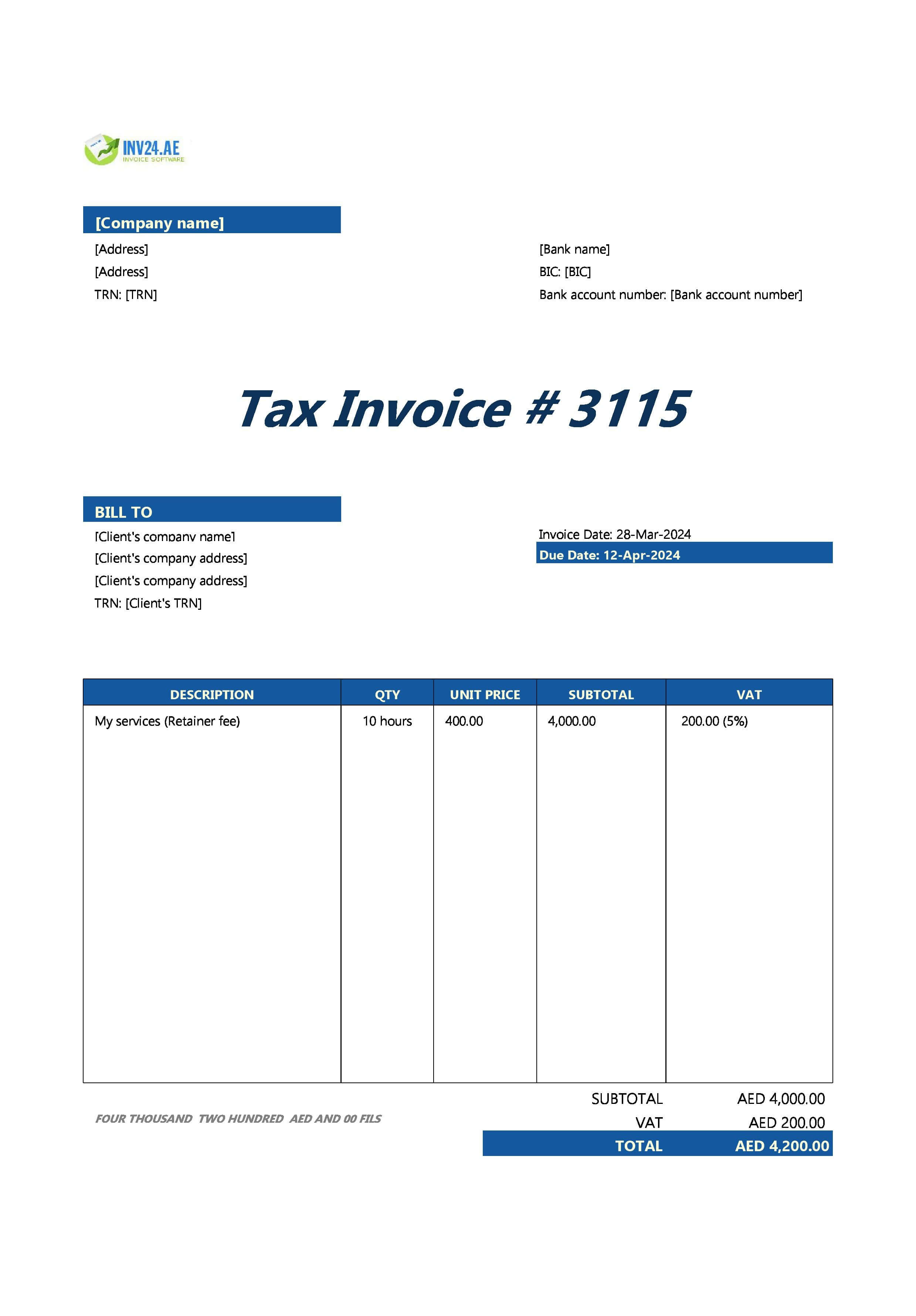 Retainer Invoice Template UAE (Excel / Google Sheets)