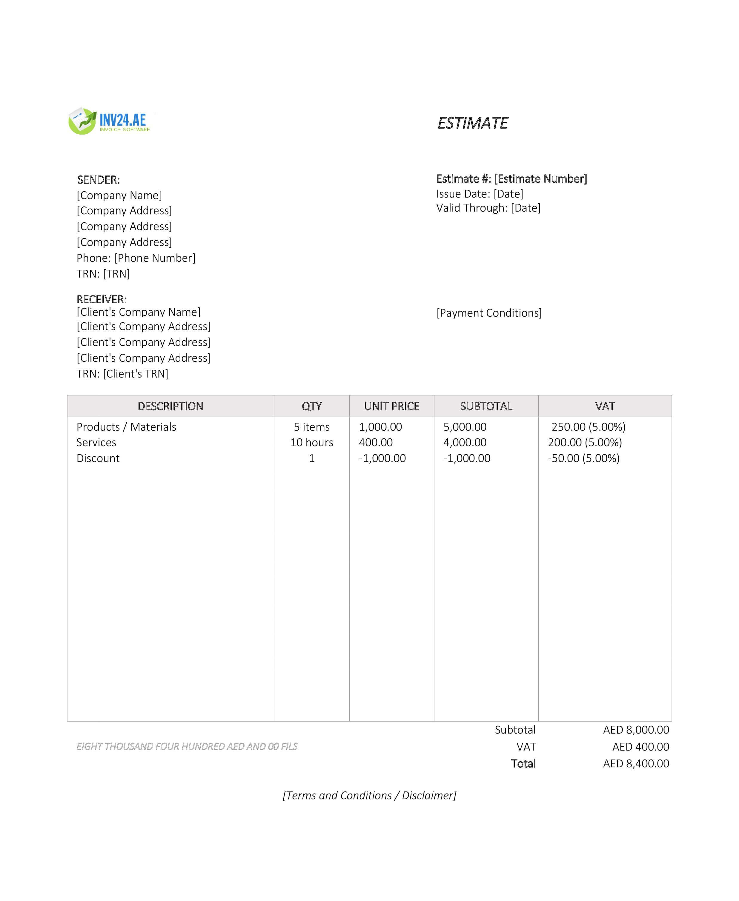Sample Estimate Template for UAE (Excel / Google Sheets)