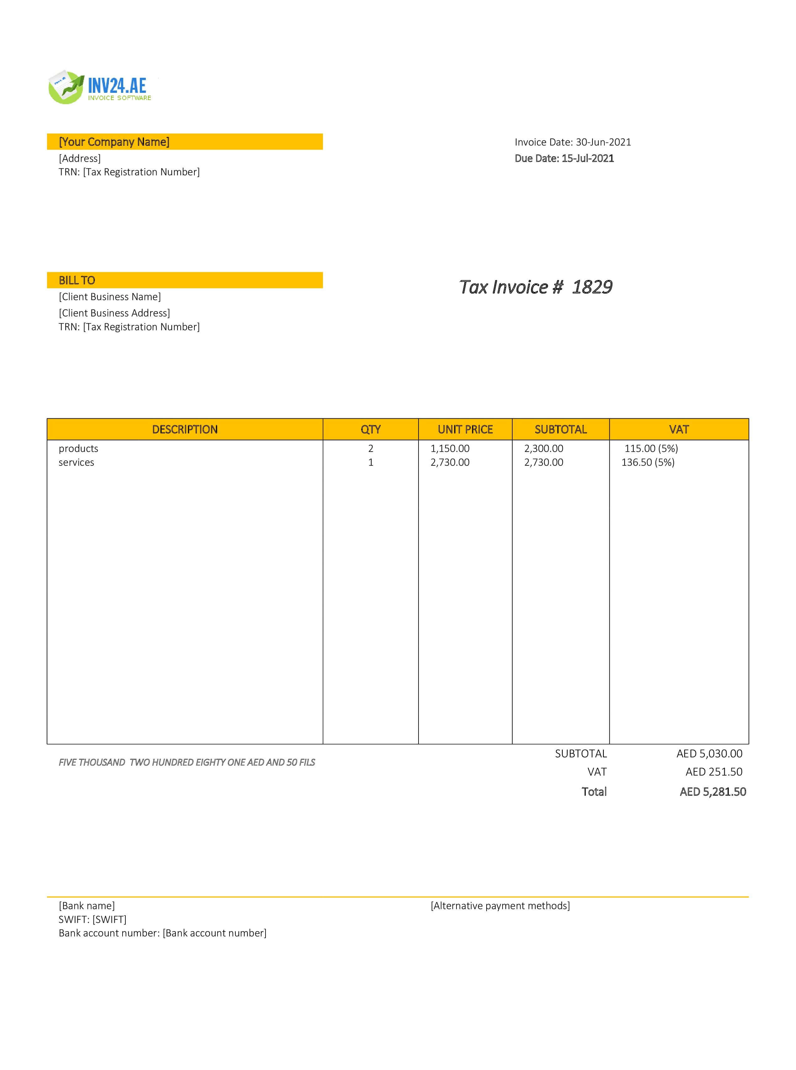 sample of invoice for payment uae