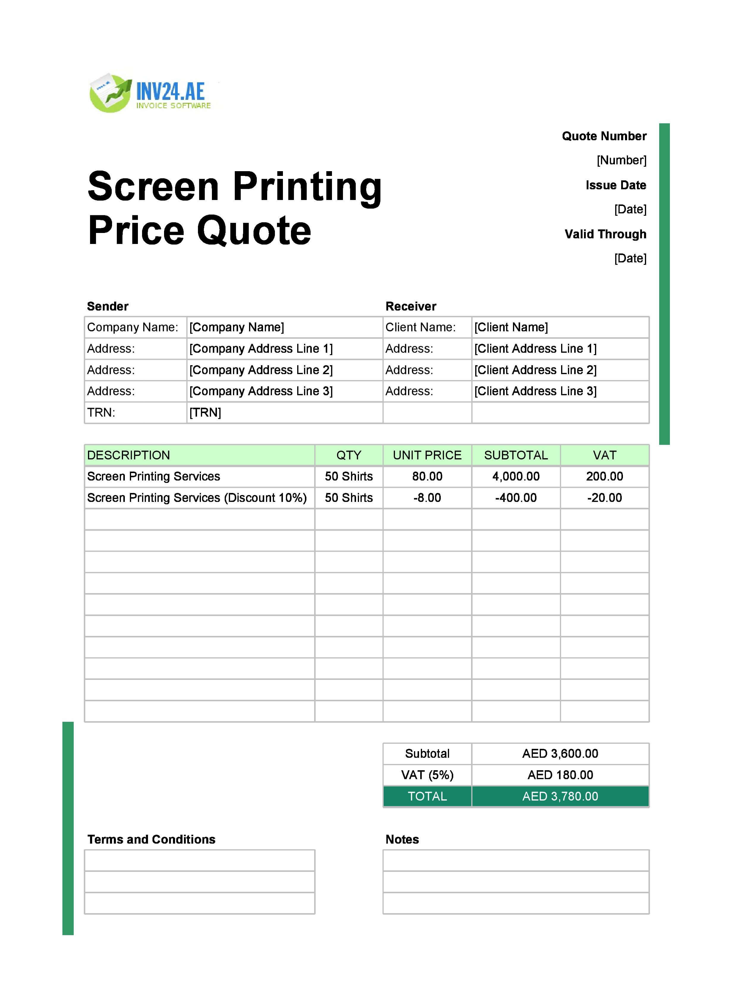 Screen Printing Quote Template for UAE (Excel / Google Sheets)