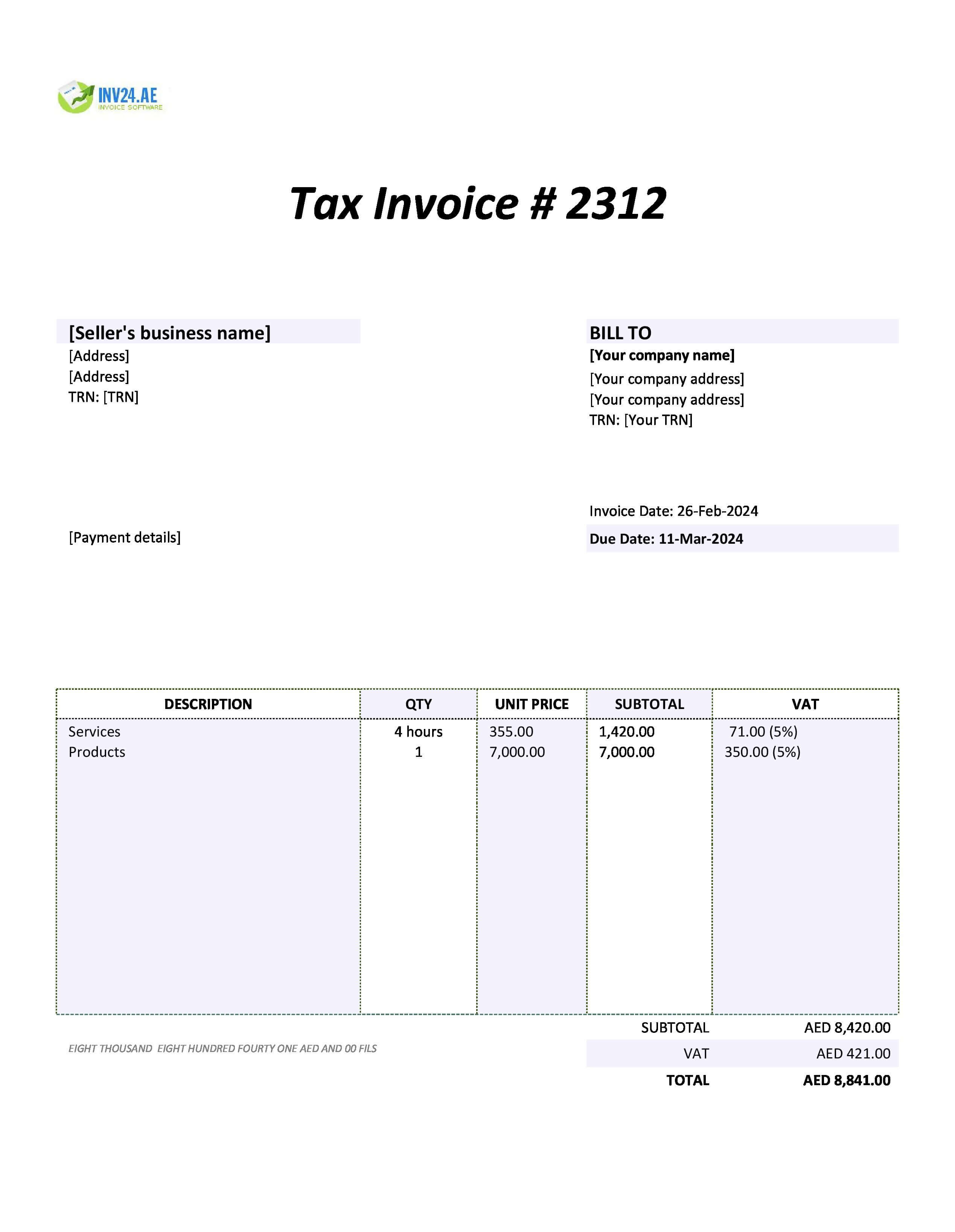 Self-Billing Invoice Template UAE (Excel / Google Sheets)