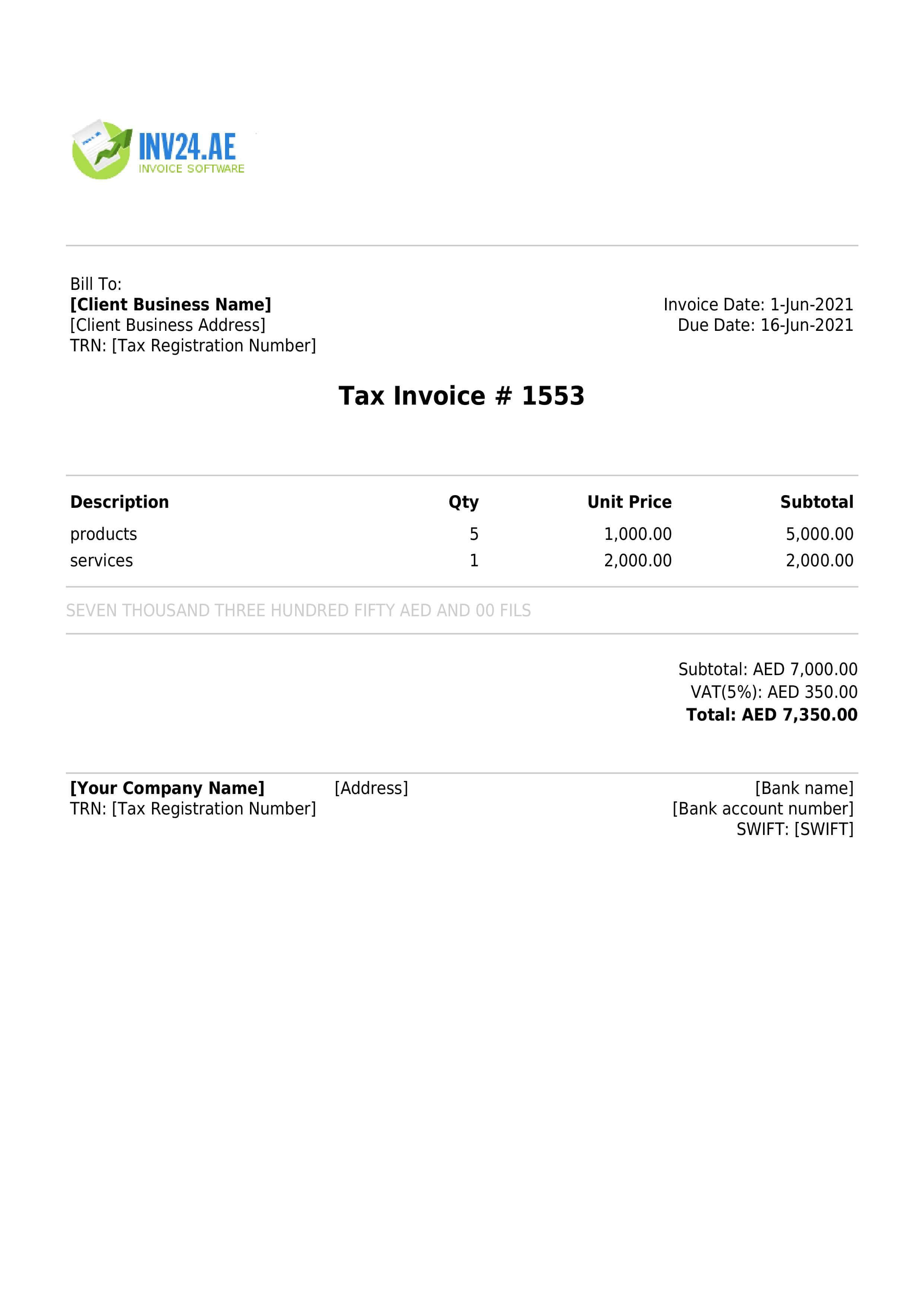 An UAE invoice sample with mandatory and optional fields