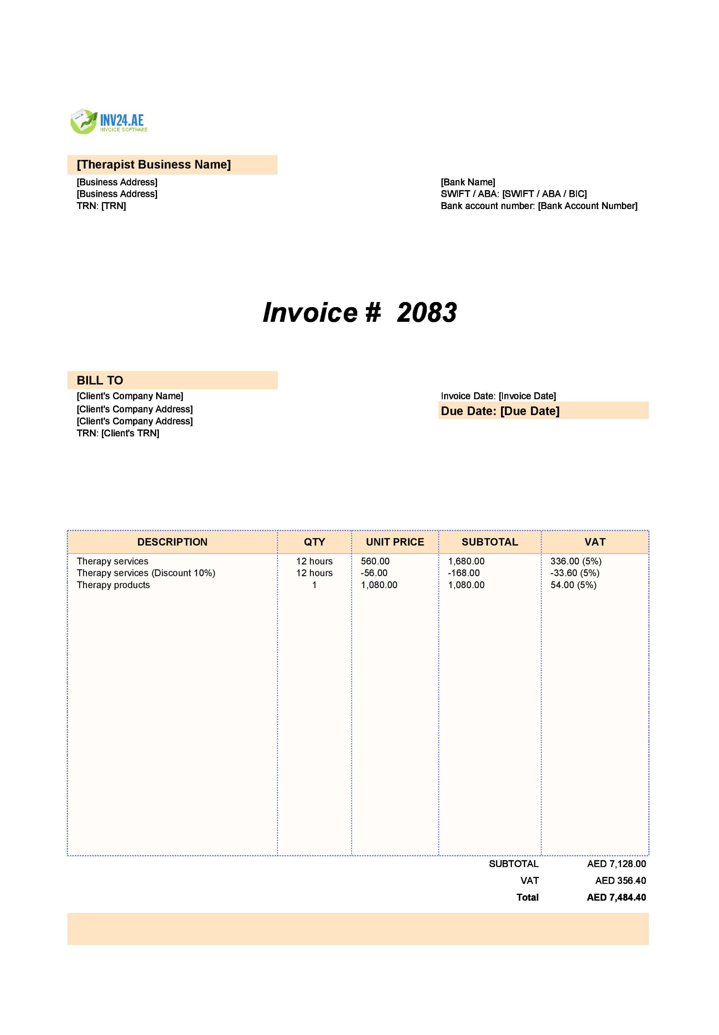 Therapist Invoice Template for UAE (Excel / Google Sheets)
