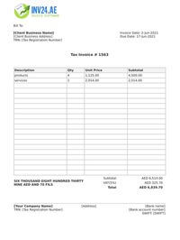plumbing uae tax invoice format