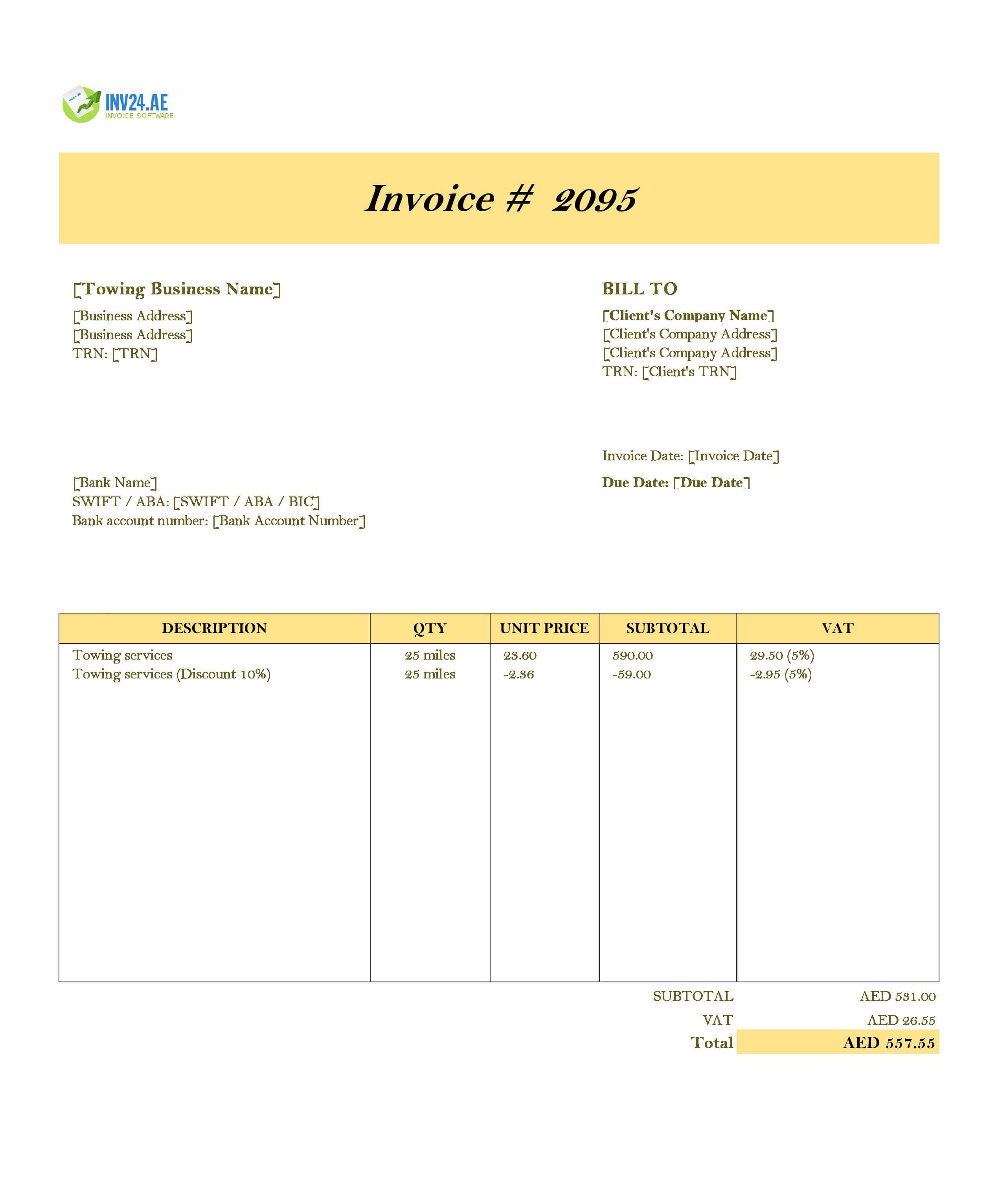 Towing Invoice Template for UAE (Excel / Google Sheets)