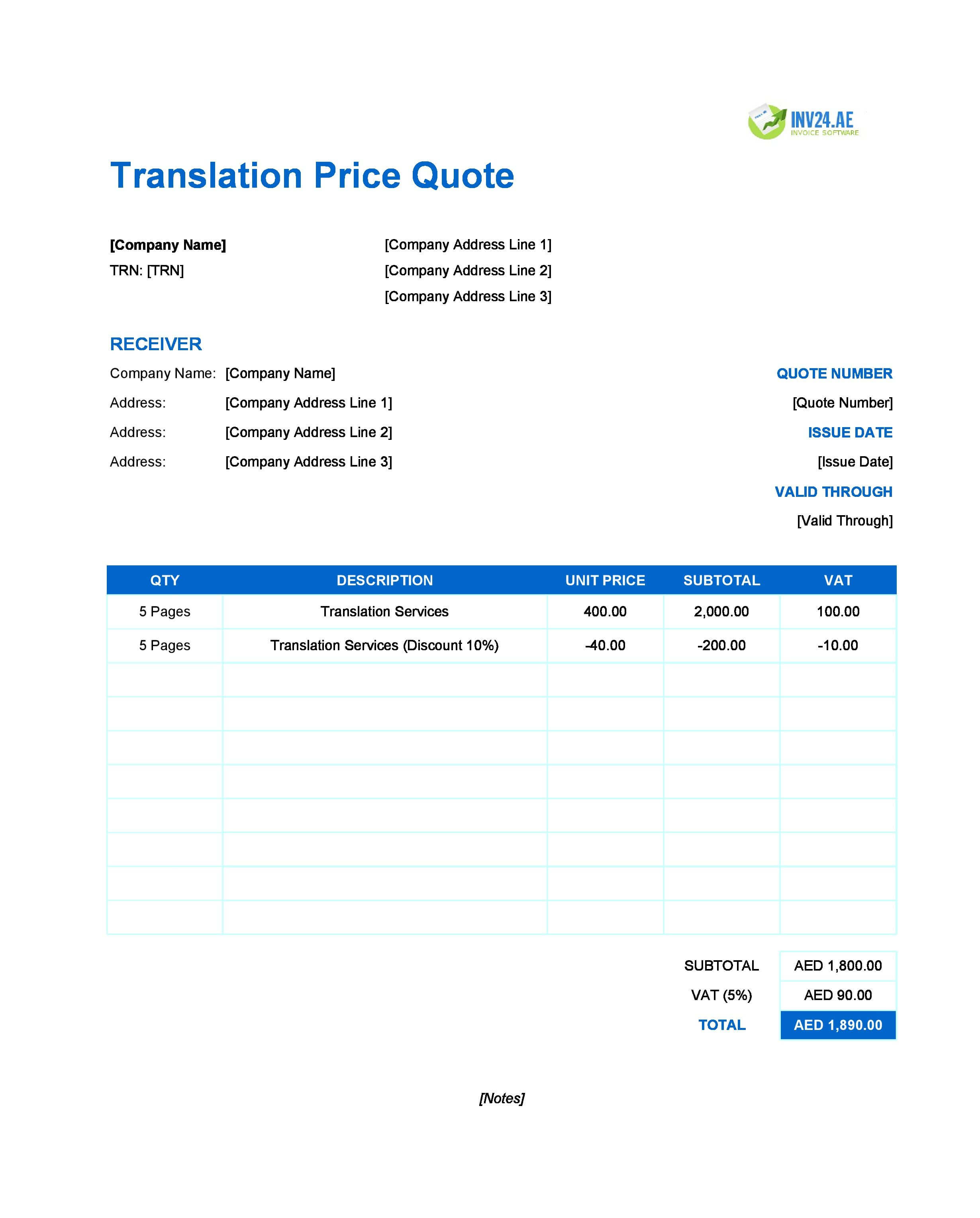 Translation Quote Template for UAE (Excel / Google Sheets)