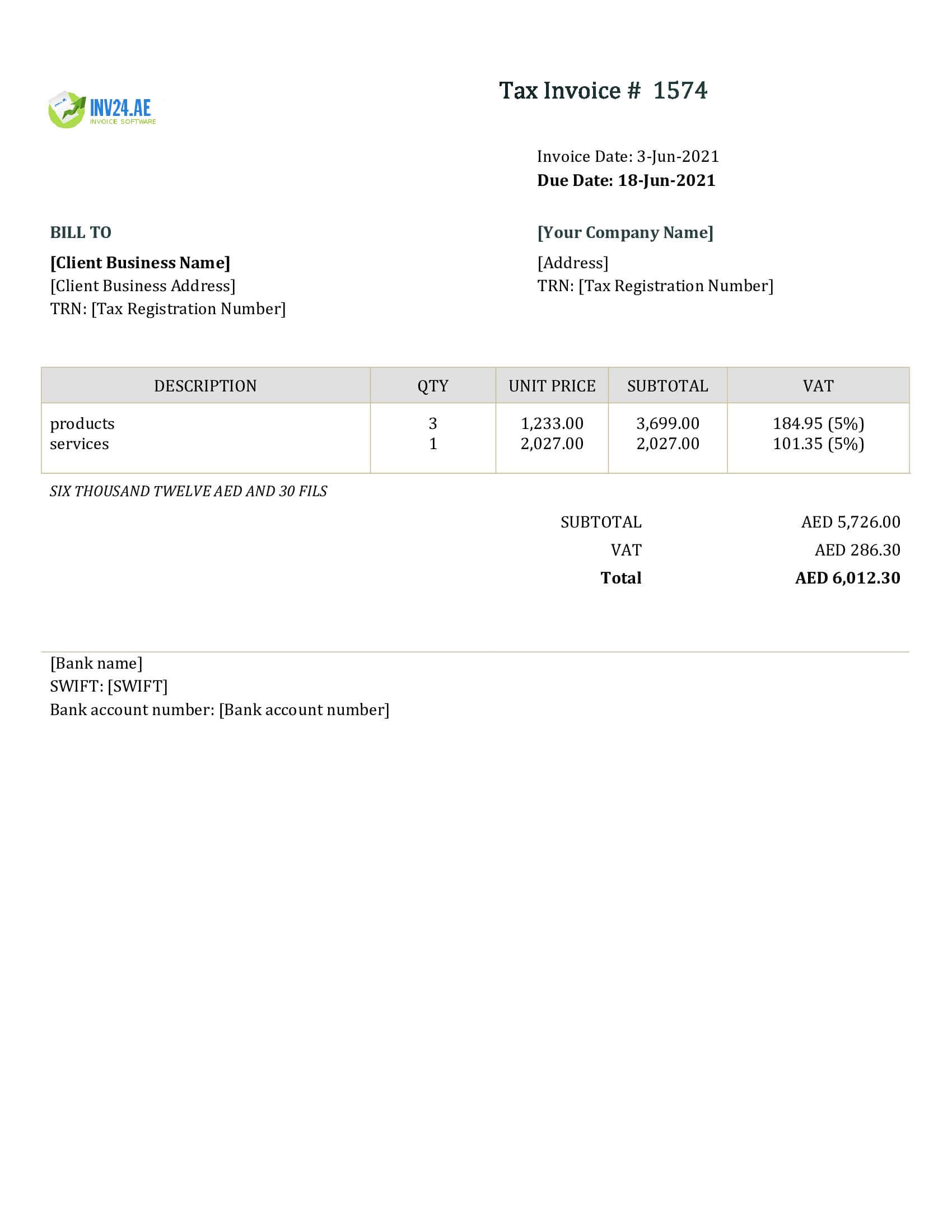 Word invoice example UAE