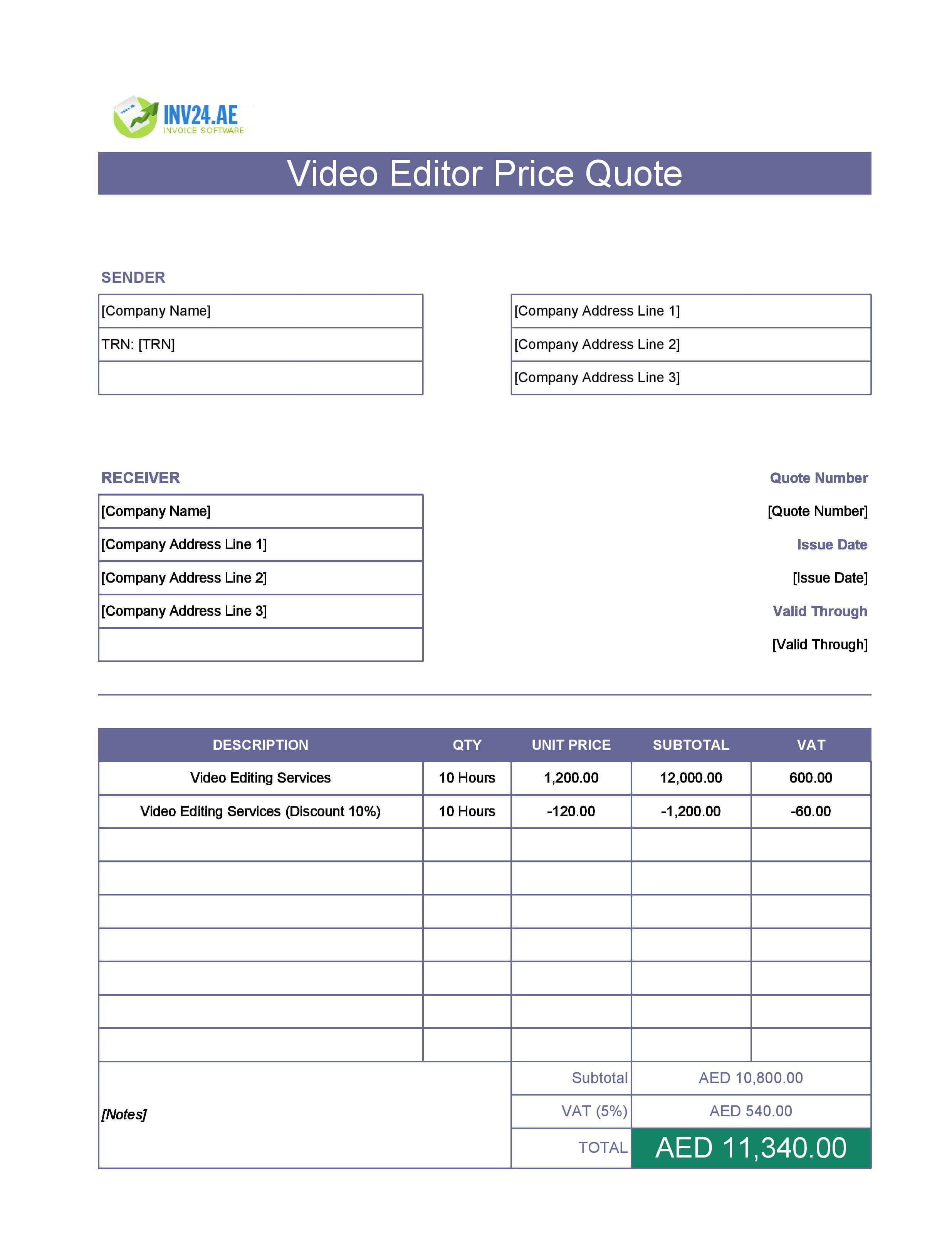 Video Editor Quote Template for UAE (Excel / Google Sheets)