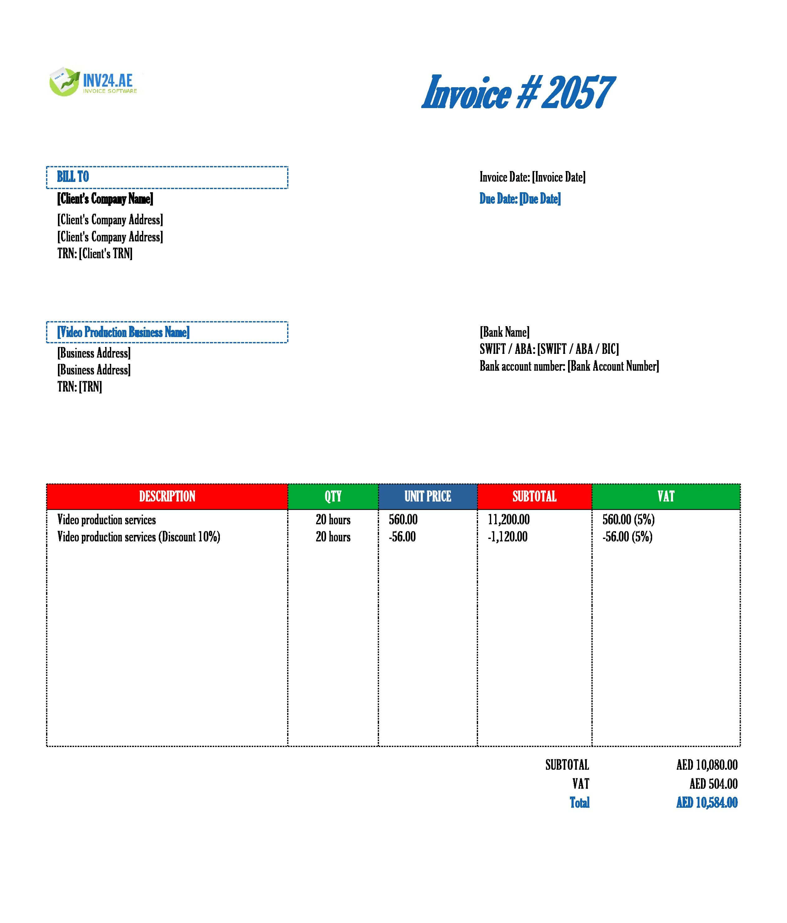Video Production Invoice Template for UAE (Excel / Google Sheets)