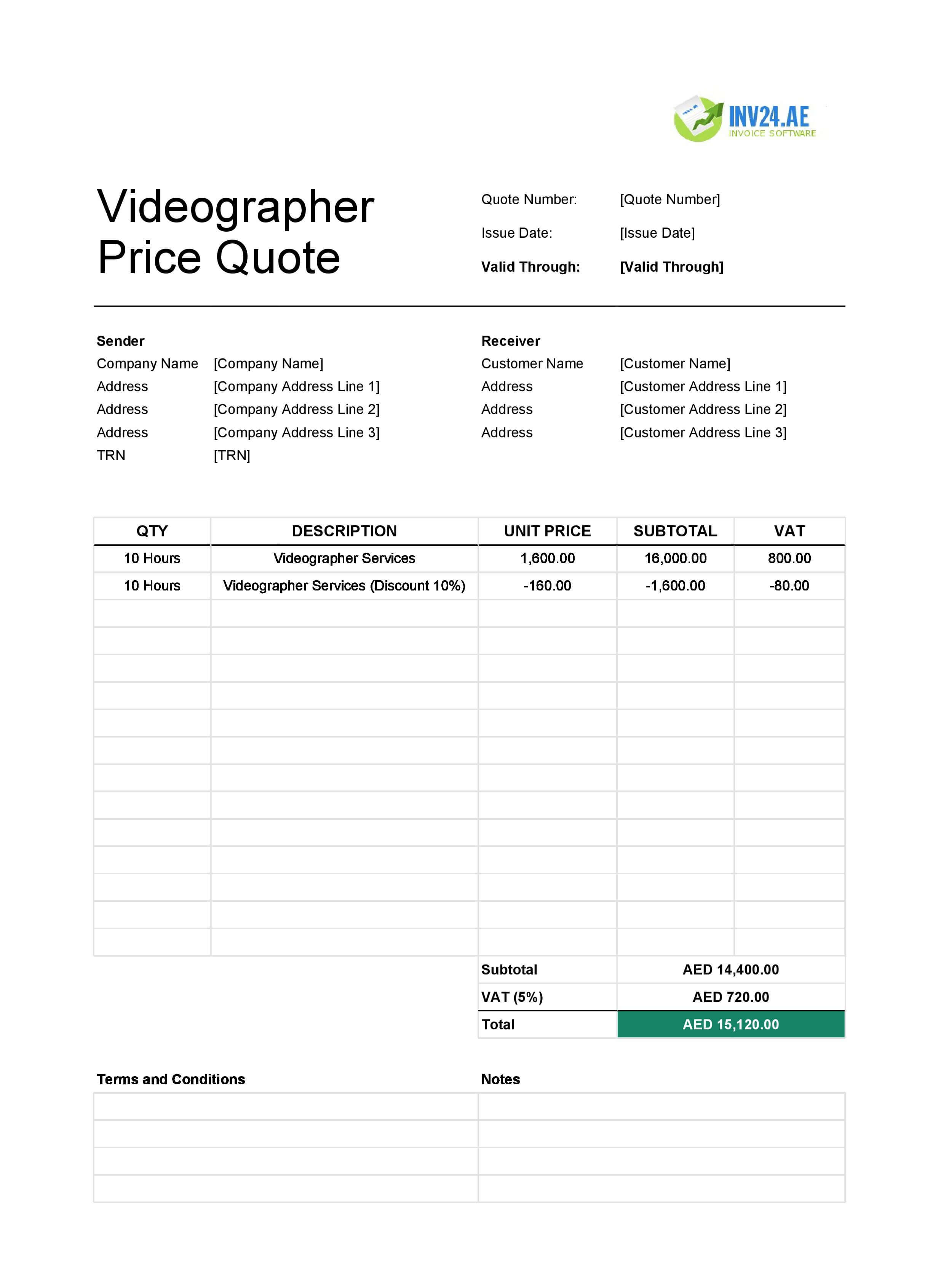 Videographer Quote Template for UAE (Excel / Google Sheets)