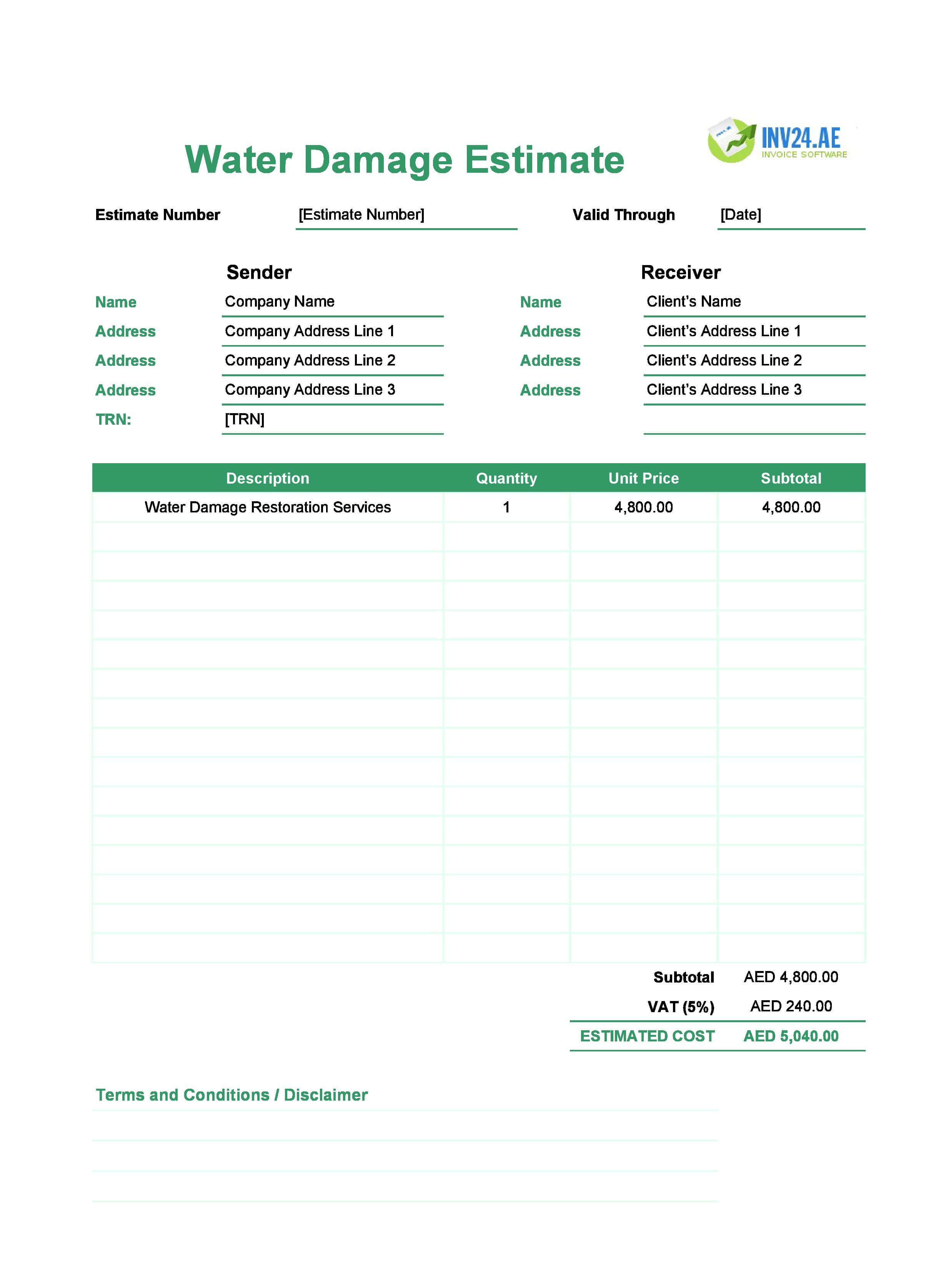 Water Damage Estimate Template for UAE (Excel / Google Sheets)