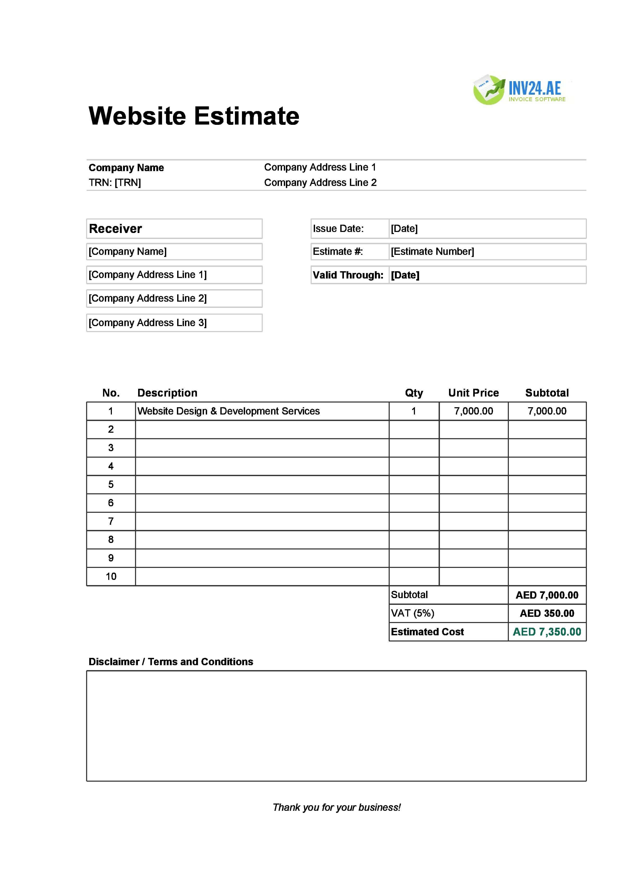 Website Estimate Template for UAE (Excel / Google Sheets)