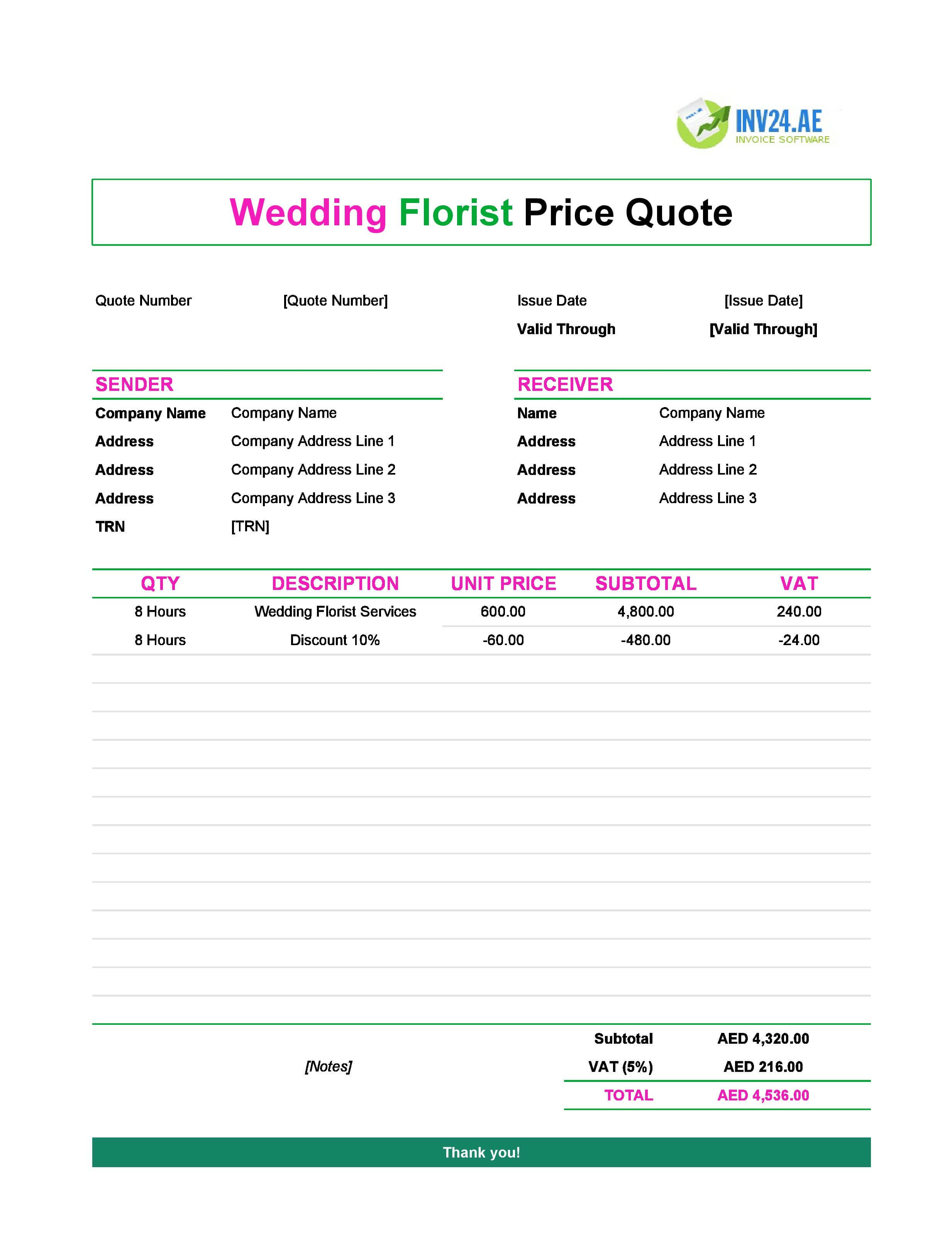 Wedding Florist Quote Template for UAE (Excel / Google Sheets)