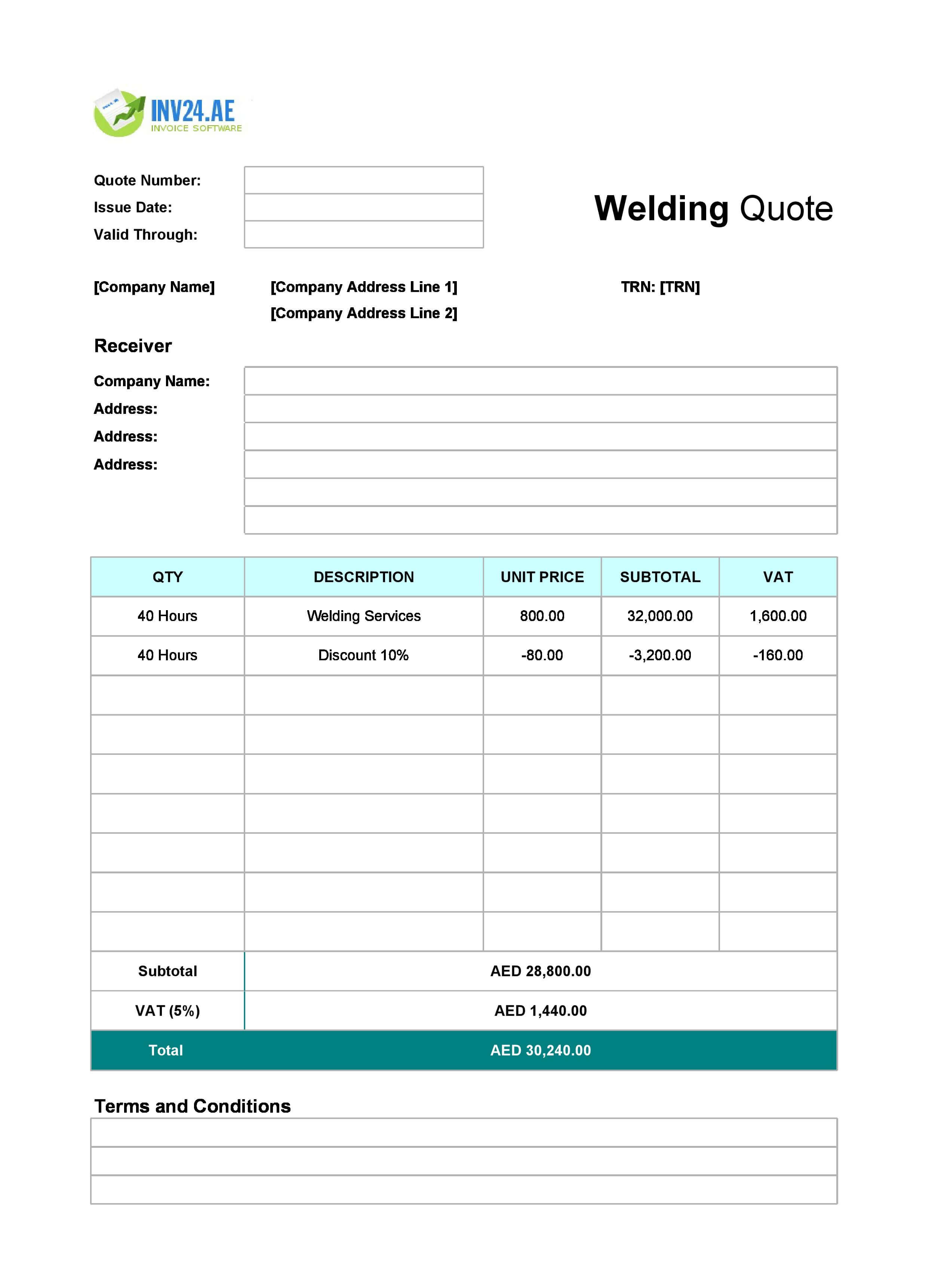 Welding Quote Template for UAE (Excel / Google Sheets)
