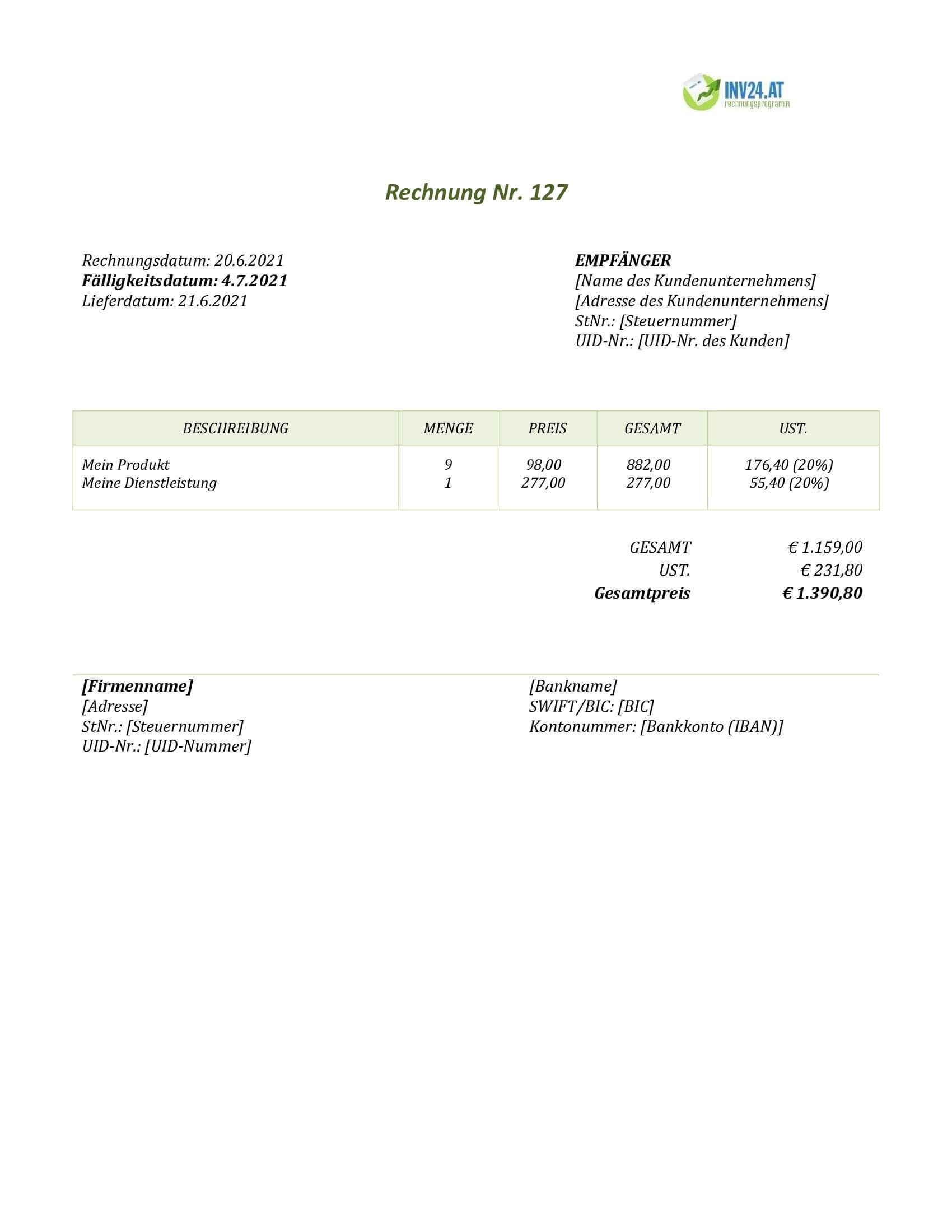 Einfache Rechnungsvorlage Österreich