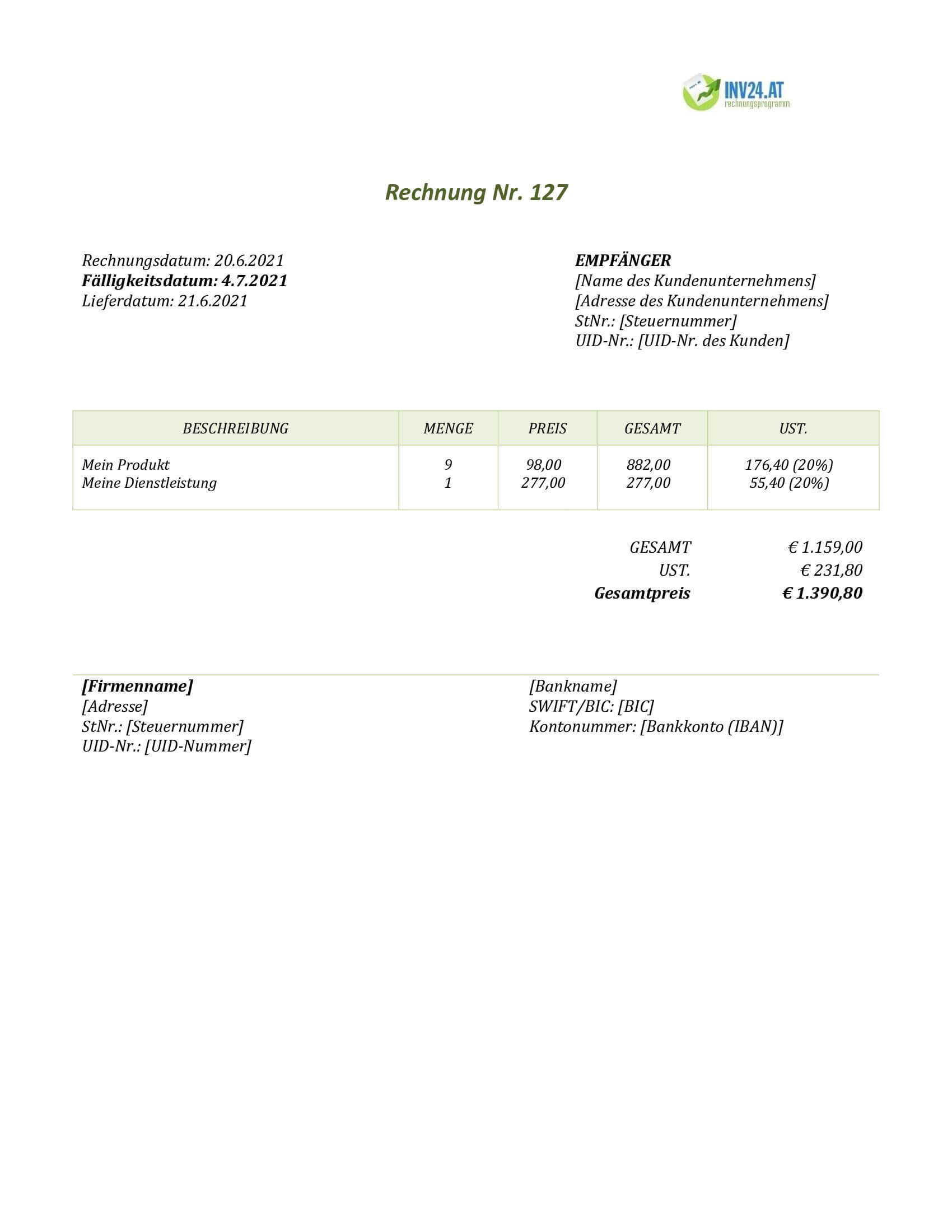 Einfache Rechnungsvorlage Österreich Einfache Rechnungsvorlage Österreich