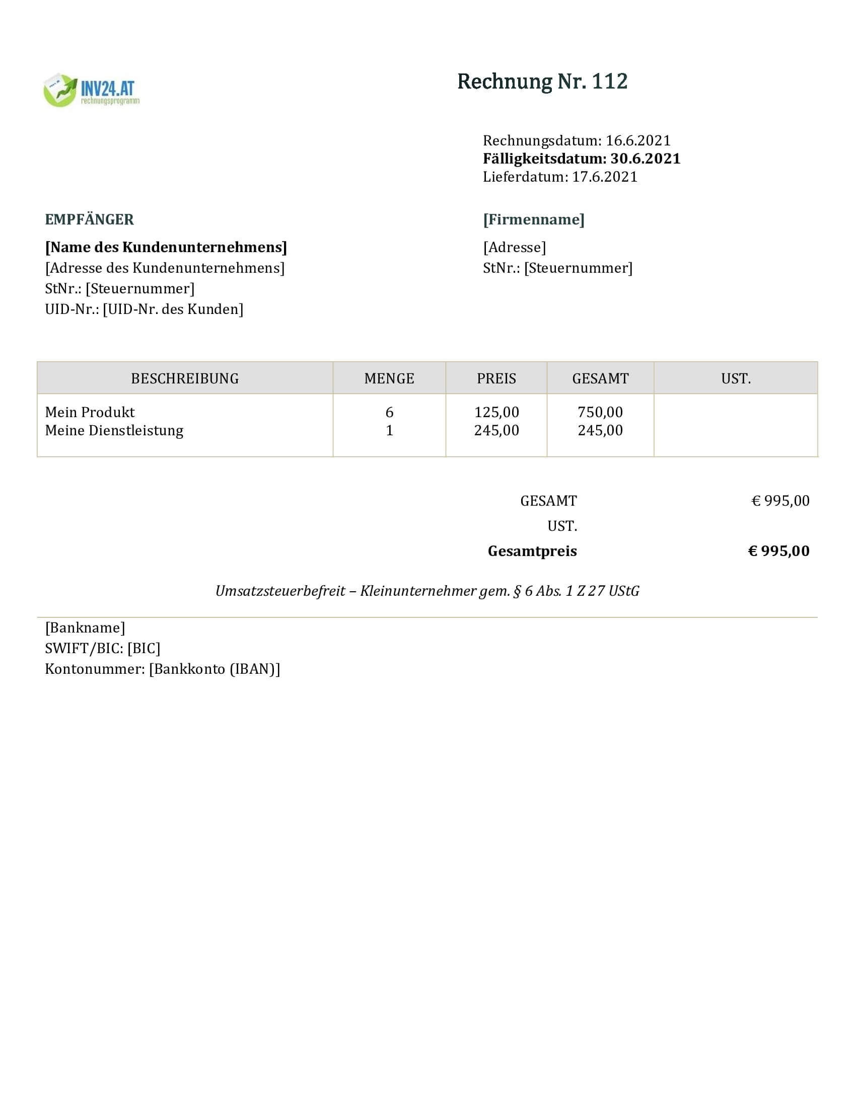 Kleinunternehmer Rechnung Muster Österreich Kleinunternehmer Rechnung Muster Österreich