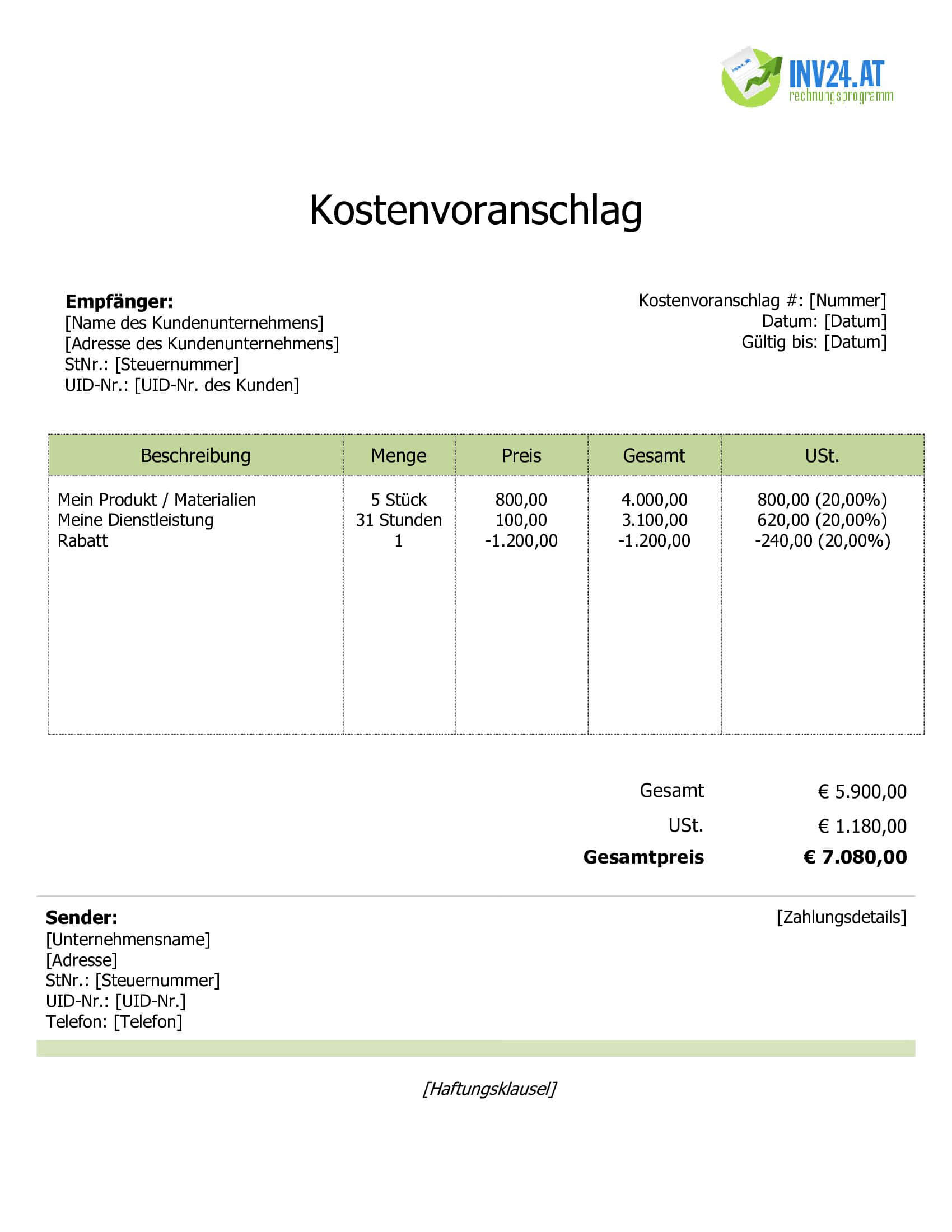 Kostenvoranschlag Beispiel für Österreich (Word / Google Docs)